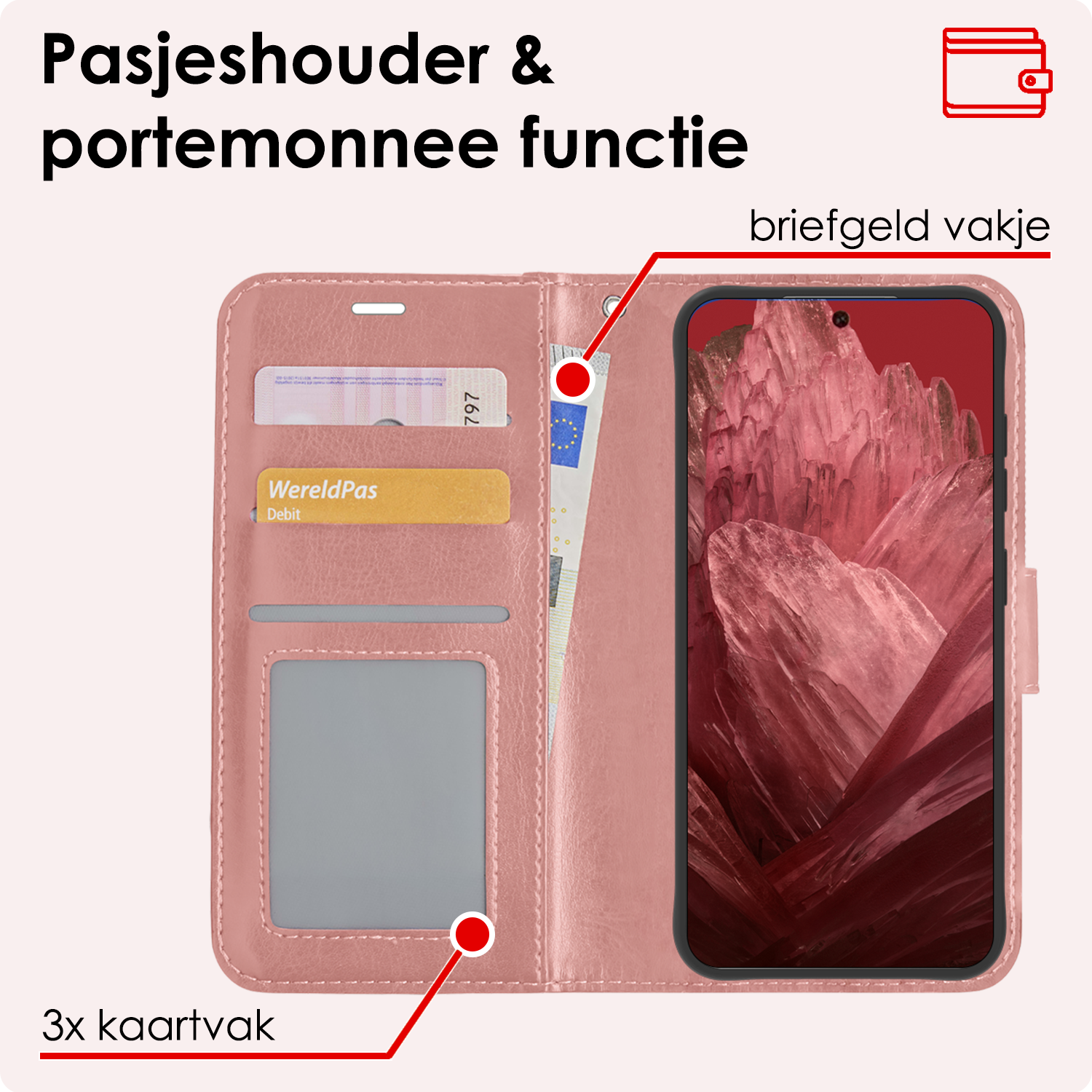 NoXx Hoes Geschikt voor Google Pixel 8a Hoesje Book Case Hoes Flip Cover Wallet Bookcase Met 2x Screenprotector - Rosé goud