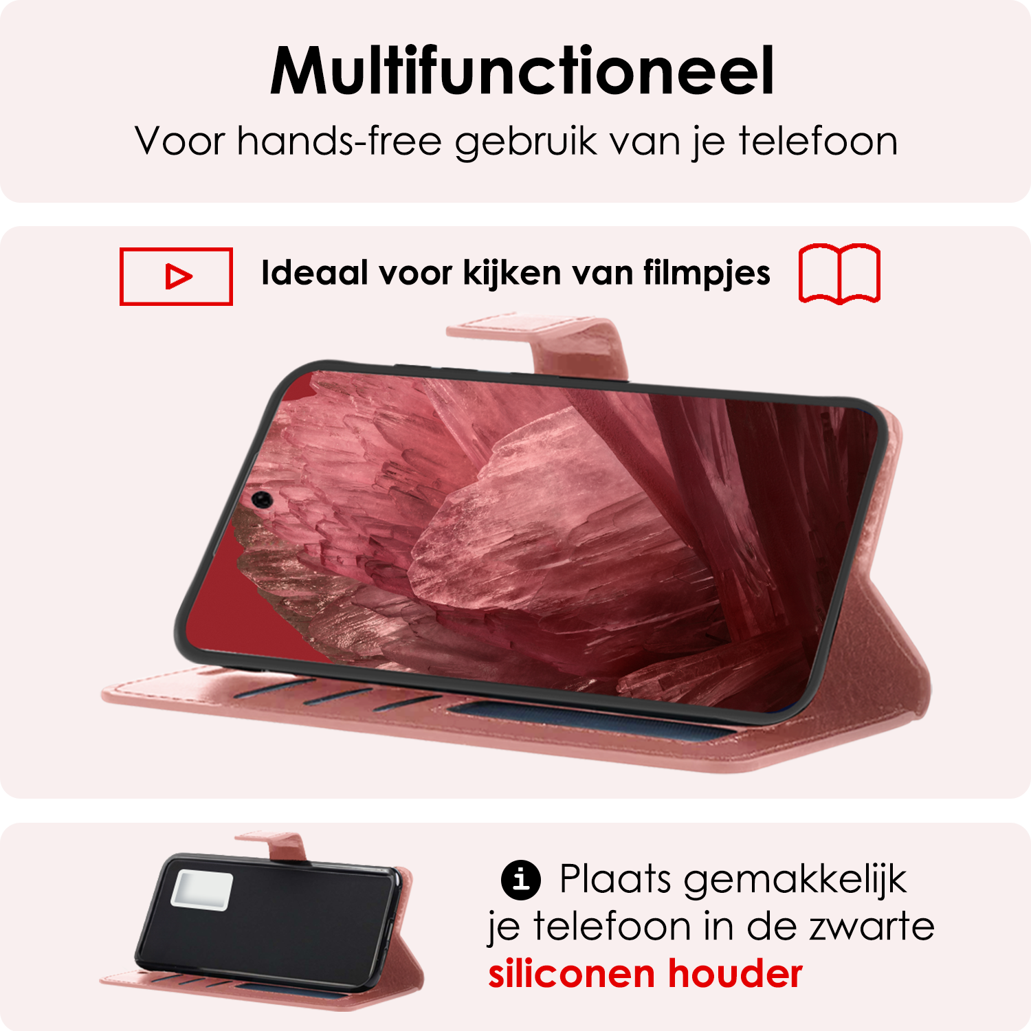 NoXx Hoes Geschikt voor Google Pixel 8a Hoesje Book Case Hoes Flip Cover Wallet Bookcase Met 2x Screenprotector - Rosé goud