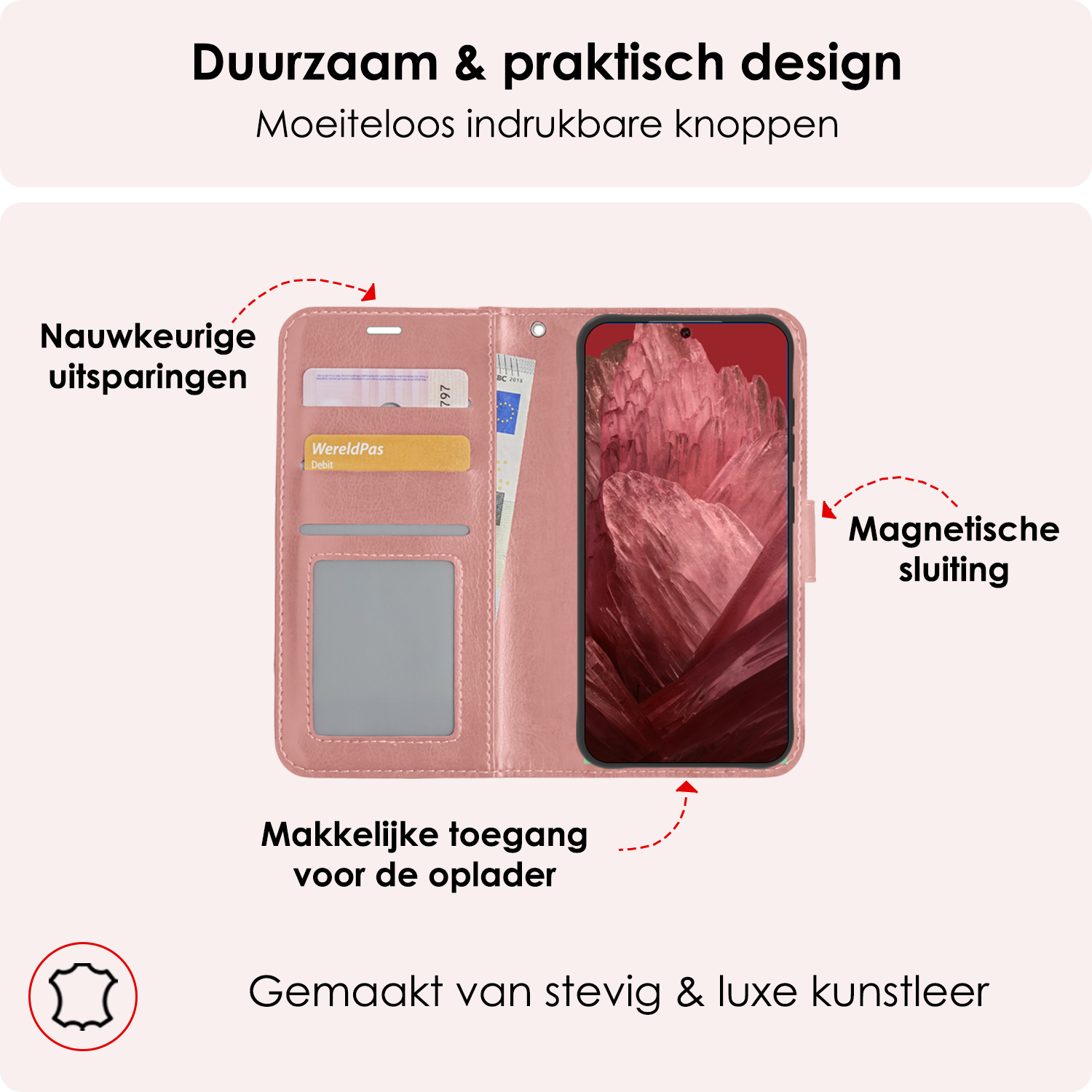 NoXx Hoes Geschikt voor Google Pixel 8a Hoesje Book Case Hoes Flip Cover Wallet Bookcase Met 2x Screenprotector - Rosé goud