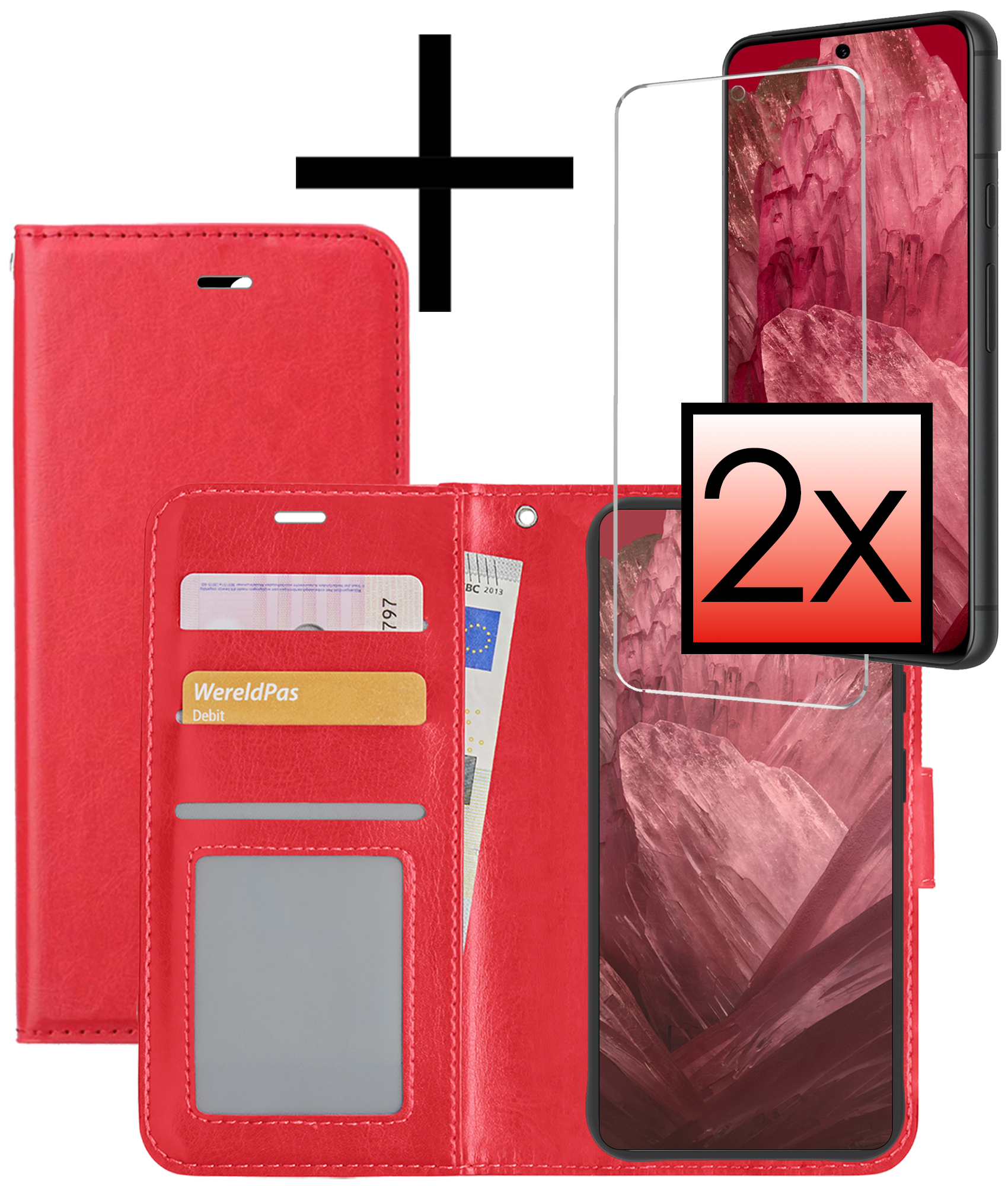 NoXx Hoes Geschikt voor Google Pixel 8a Hoesje Book Case Hoes Flip Cover Wallet Bookcase Met 2x Screenprotector - Rood