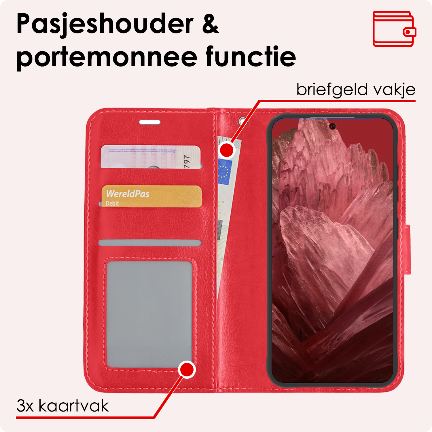NoXx Hoes Geschikt voor Google Pixel 8a Hoesje Book Case Hoes Flip Cover Wallet Bookcase Met 2x Screenprotector - Rood
