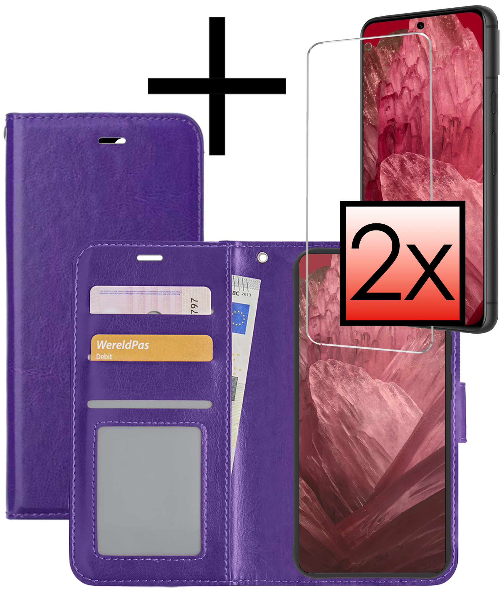 NoXx Hoes Geschikt voor Google Pixel 8a Hoesje Book Case Hoes Flip Cover Wallet Bookcase Met 2x Screenprotector - Paars