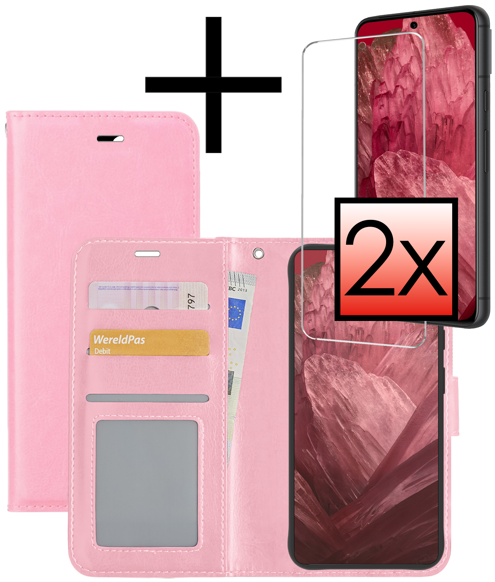 NoXx Hoes Geschikt voor Google Pixel 8a Hoesje Book Case Hoes Flip Cover Wallet Bookcase Met 2x Screenprotector - Lichtroze