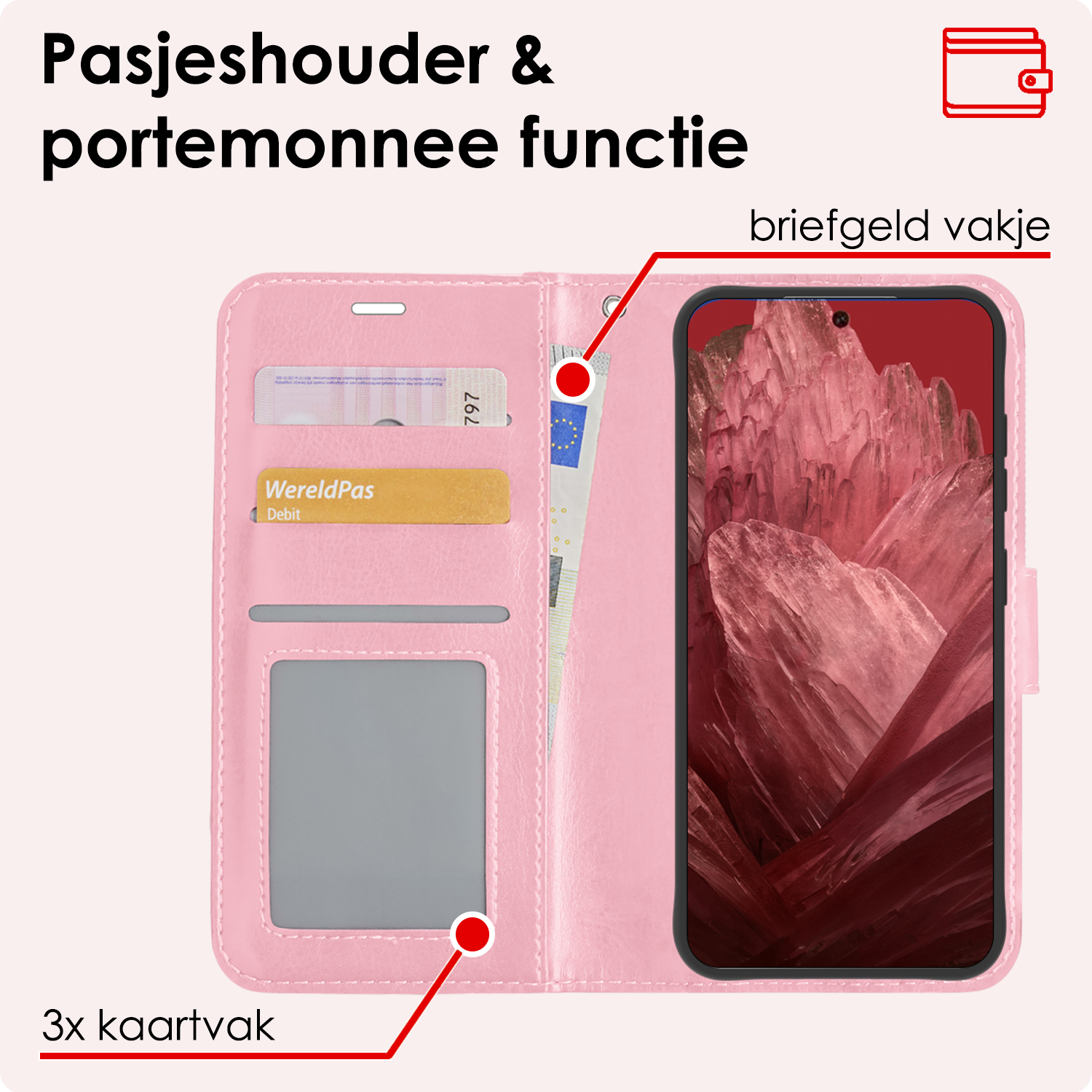 NoXx Hoes Geschikt voor Google Pixel 8a Hoesje Book Case Hoes Flip Cover Wallet Bookcase Met 2x Screenprotector - Lichtroze