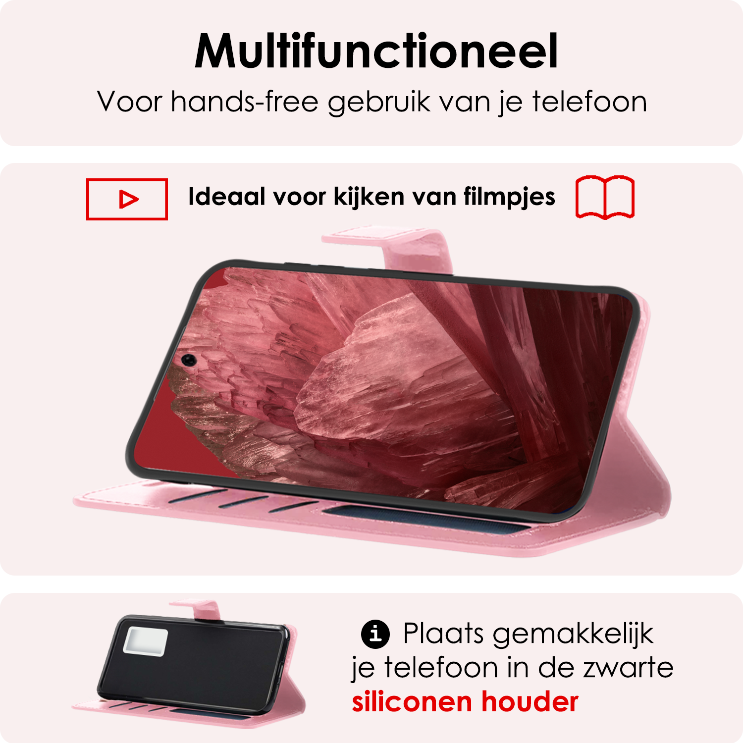 NoXx Hoes Geschikt voor Google Pixel 8a Hoesje Book Case Hoes Flip Cover Wallet Bookcase Met 2x Screenprotector - Lichtroze