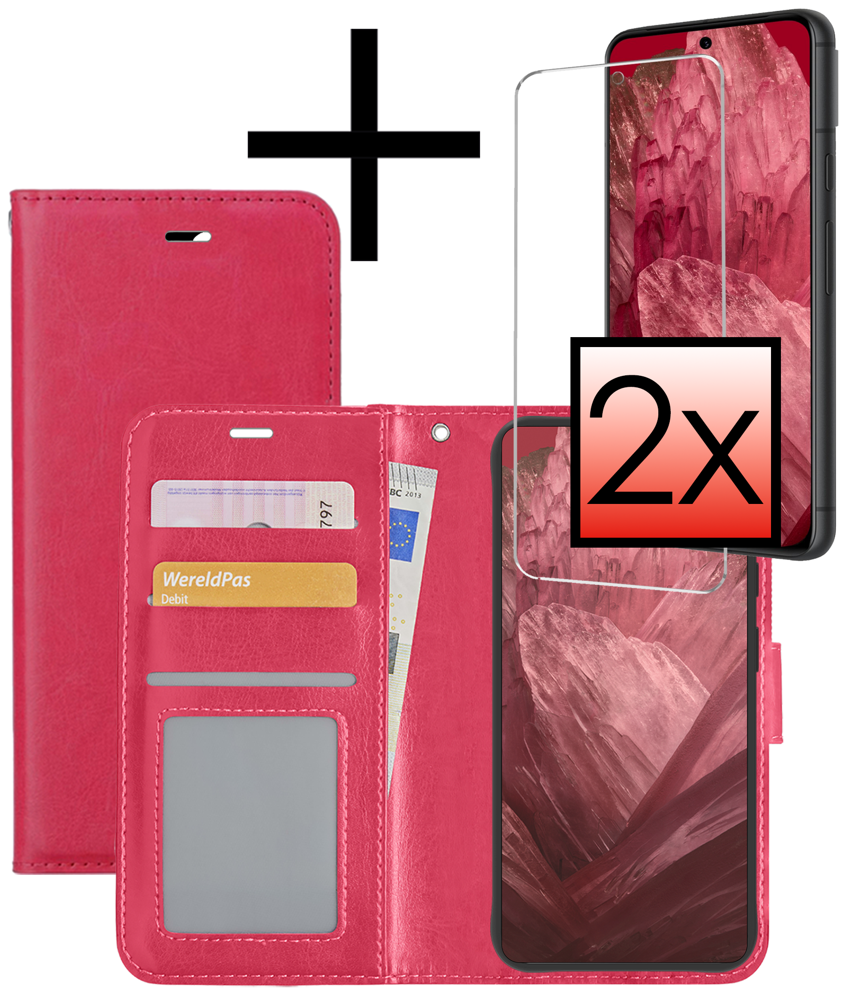 NoXx Hoes Geschikt voor Google Pixel 8a Hoesje Book Case Hoes Flip Cover Wallet Bookcase Met 2x Screenprotector - Donkerroze