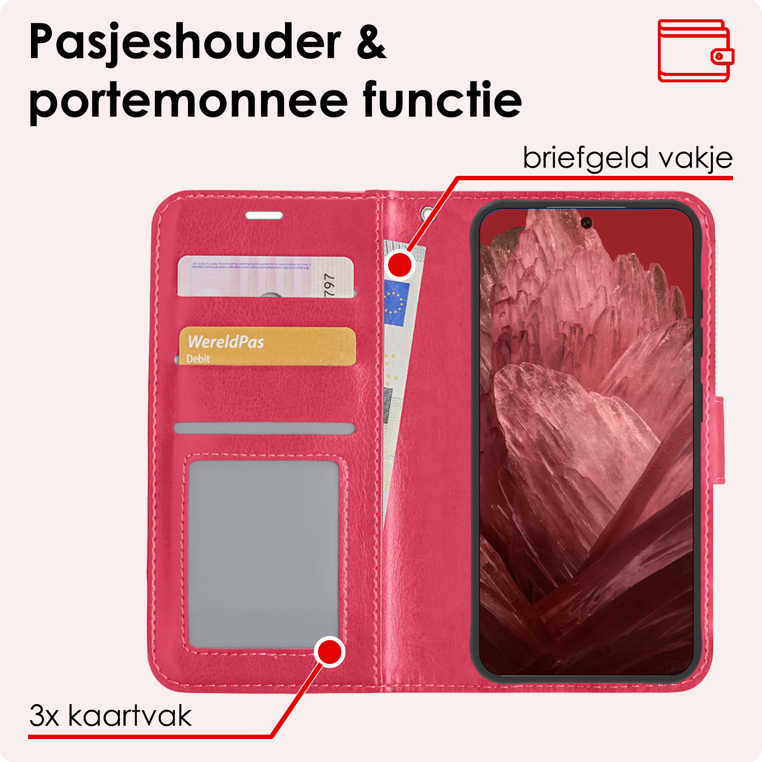 NoXx Hoes Geschikt voor Google Pixel 8a Hoesje Book Case Hoes Flip Cover Wallet Bookcase Met 2x Screenprotector - Donkerroze