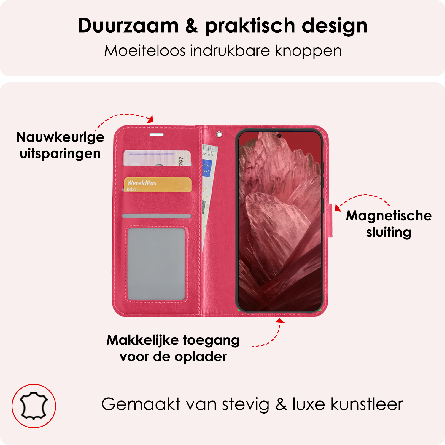 NoXx Hoes Geschikt voor Google Pixel 8a Hoesje Book Case Hoes Flip Cover Wallet Bookcase Met 2x Screenprotector - Donkerroze