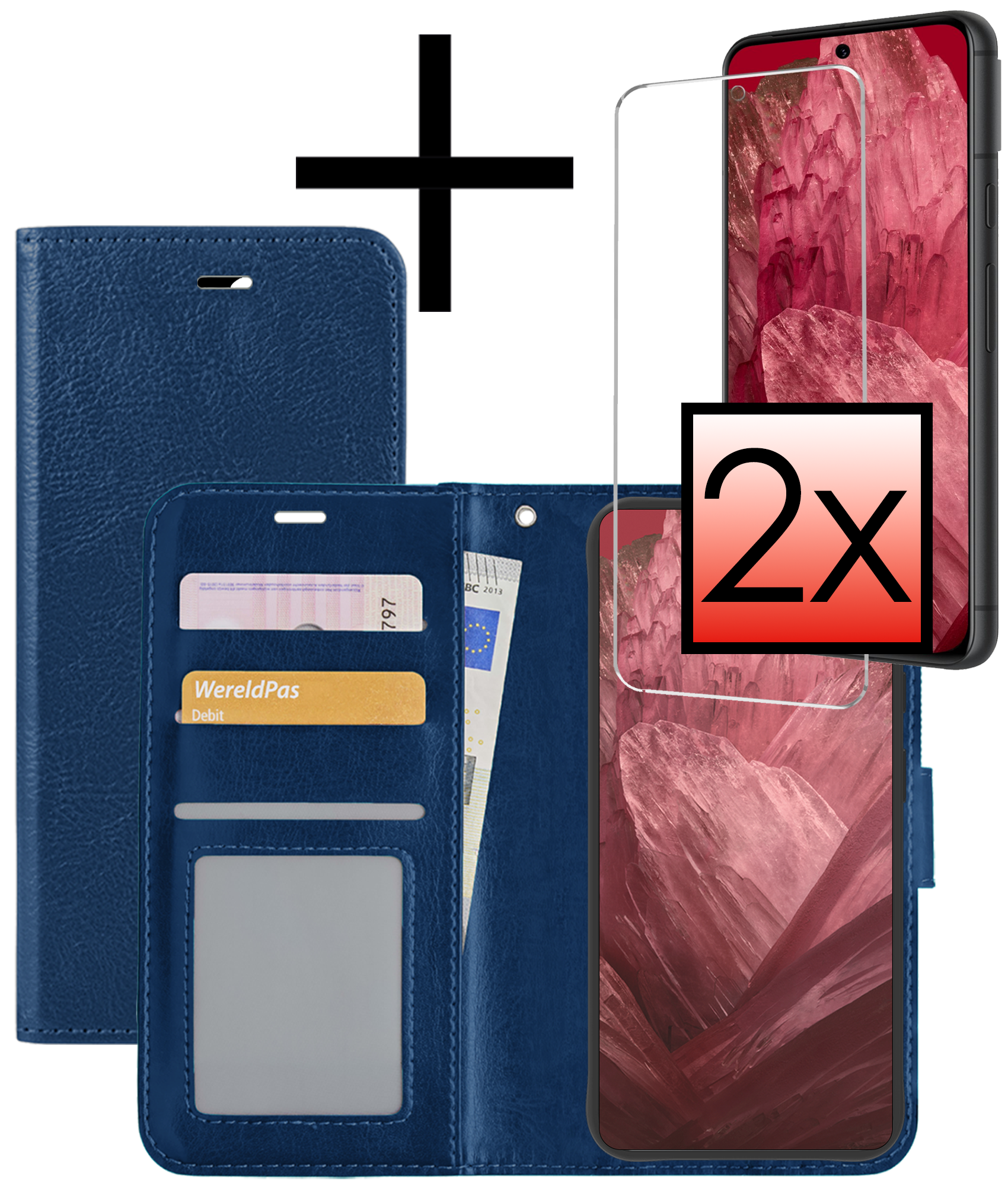 NoXx Hoes Geschikt voor Google Pixel 8a Hoesje Book Case Hoes Flip Cover Wallet Bookcase Met 2x Screenprotector - Donkerblauw