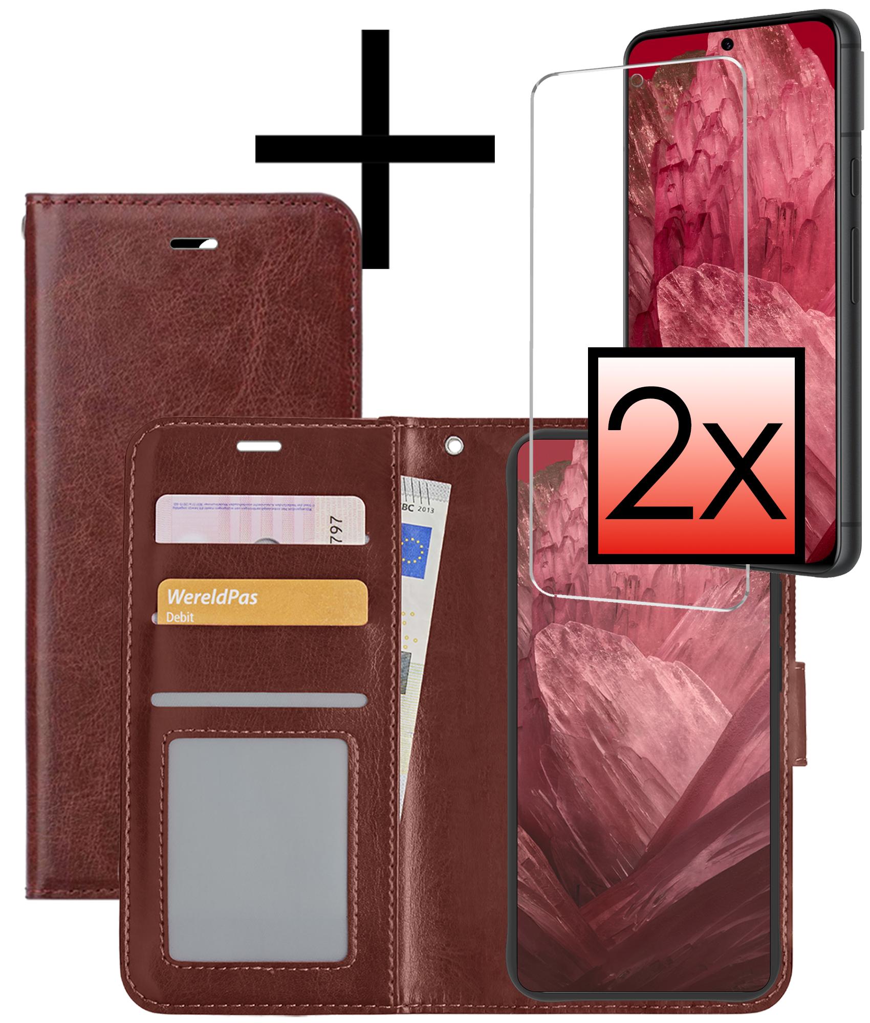 NoXx Hoes Geschikt voor Google Pixel 8a Hoesje Book Case Hoes Flip Cover Wallet Bookcase Met 2x Screenprotector - Bruin