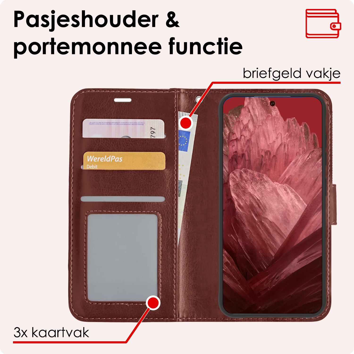 NoXx Hoes Geschikt voor Google Pixel 8a Hoesje Book Case Hoes Flip Cover Wallet Bookcase Met 2x Screenprotector - Bruin