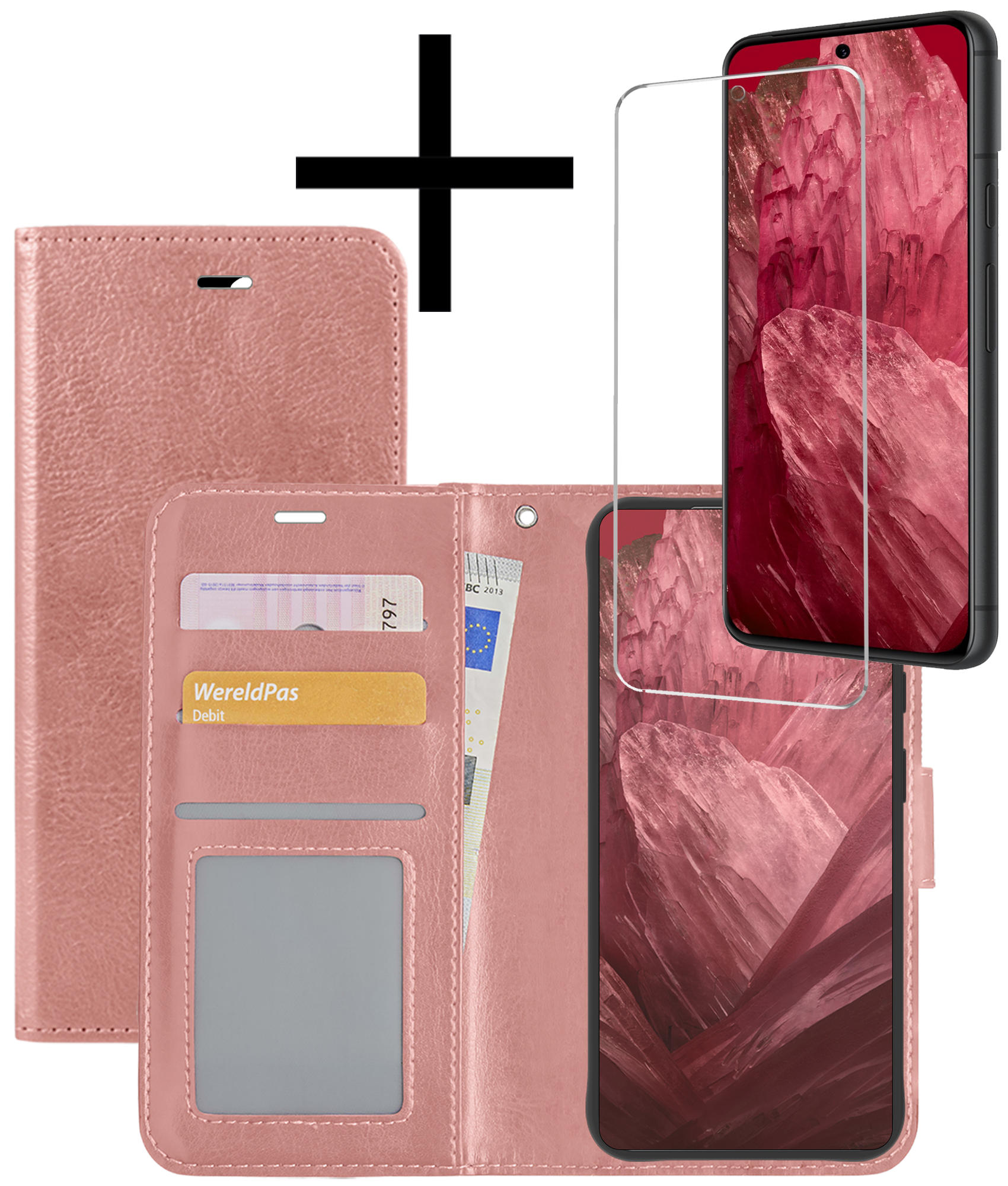 NoXx Hoes Geschikt voor Google Pixel 8a Hoesje Book Case Hoes Flip Cover Wallet Bookcase Met Screenprotector - Rosé goud