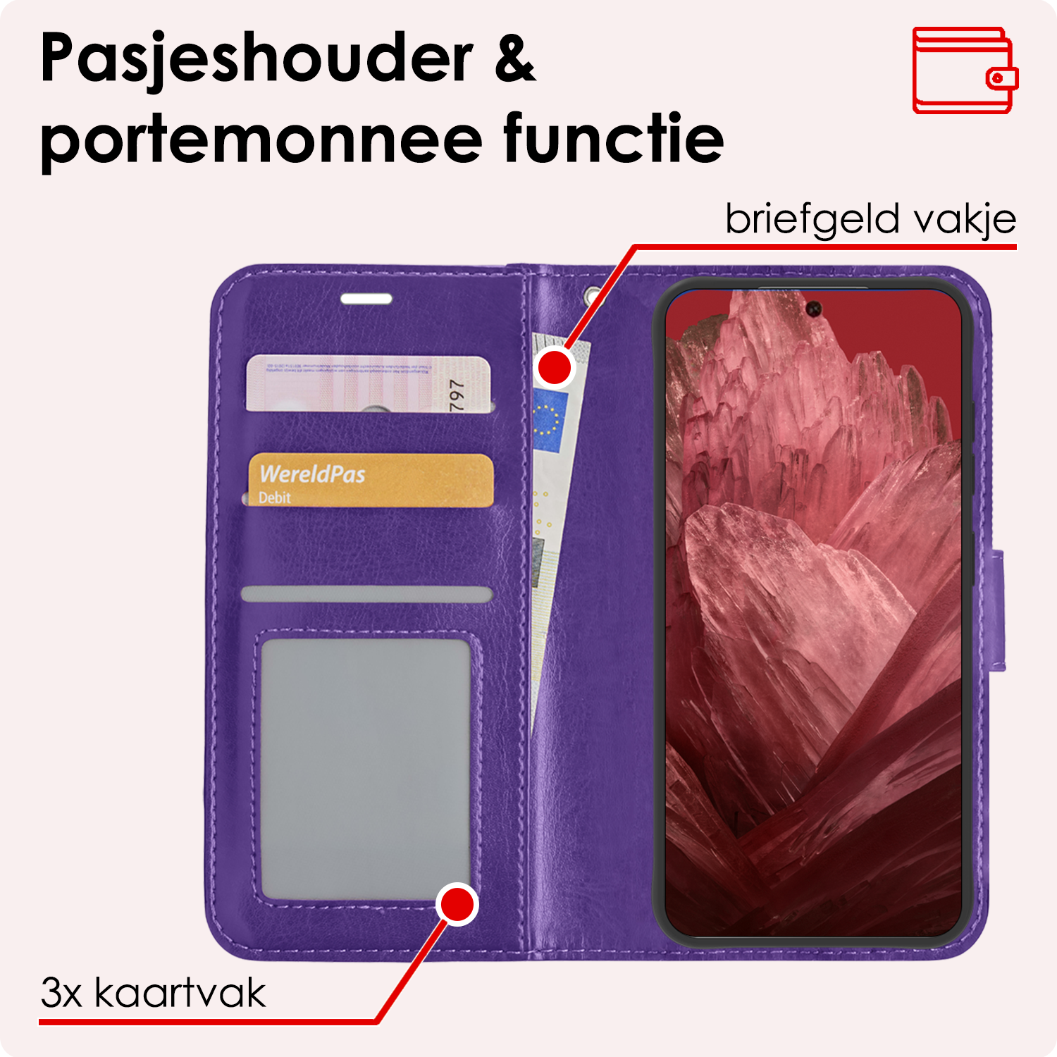 NoXx Hoes Geschikt voor Google Pixel 8a Hoesje Book Case Hoes Flip Cover Wallet Bookcase Met Screenprotector - Paars