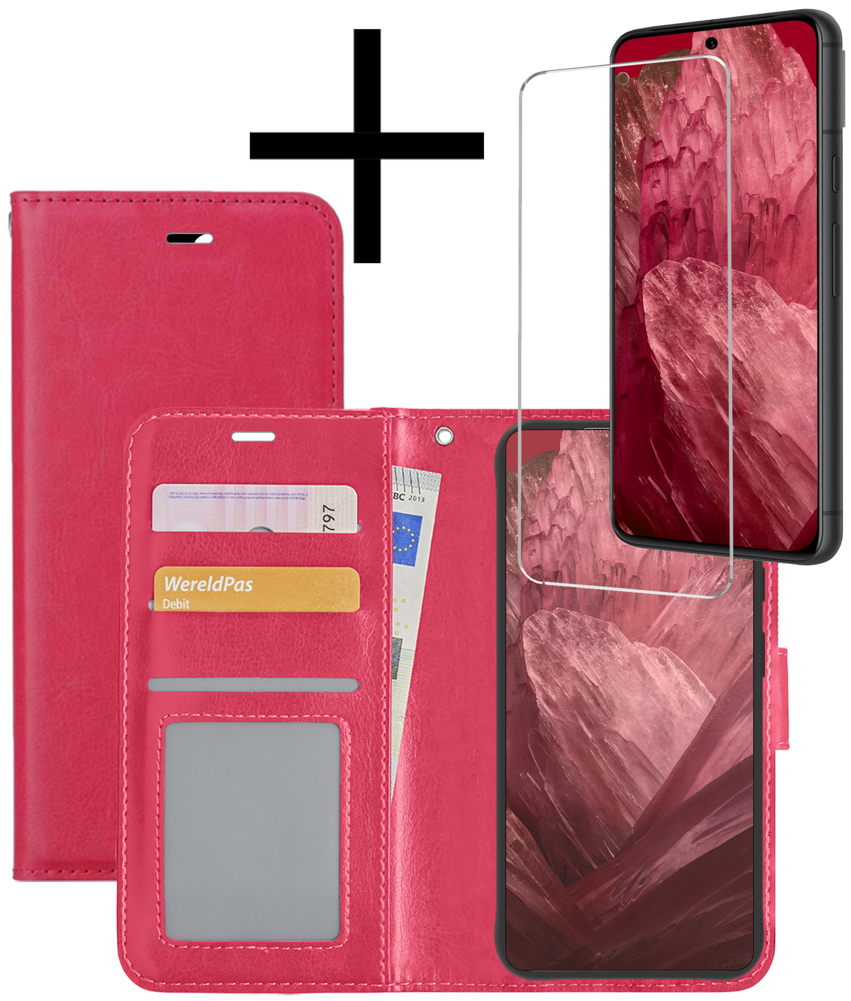 NoXx Hoes Geschikt voor Google Pixel 8a Hoesje Book Case Hoes Flip Cover Wallet Bookcase Met Screenprotector - Donkerroze