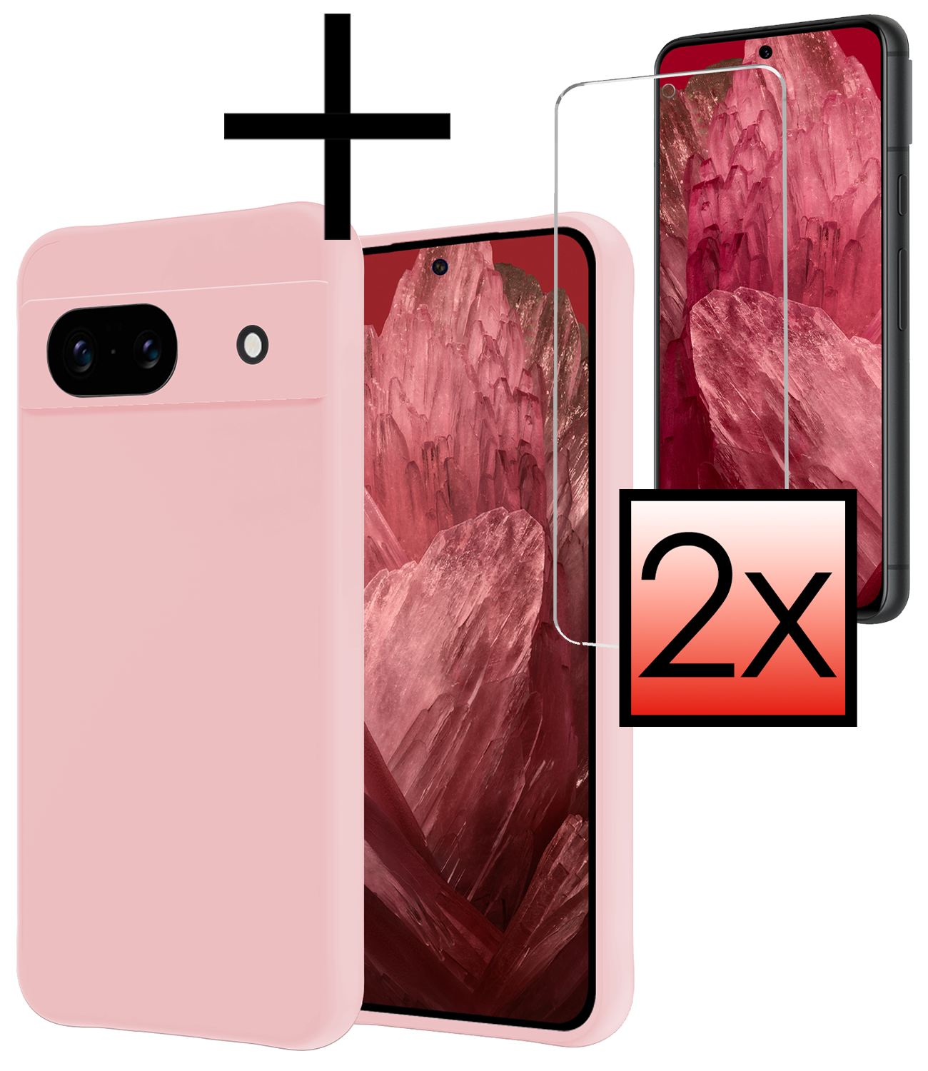 NoXx Hoes Geschikt voor Google Pixel 8a Hoesje Cover Siliconen Back Case Hoes Met 2x Screenprotector - Lichtroze