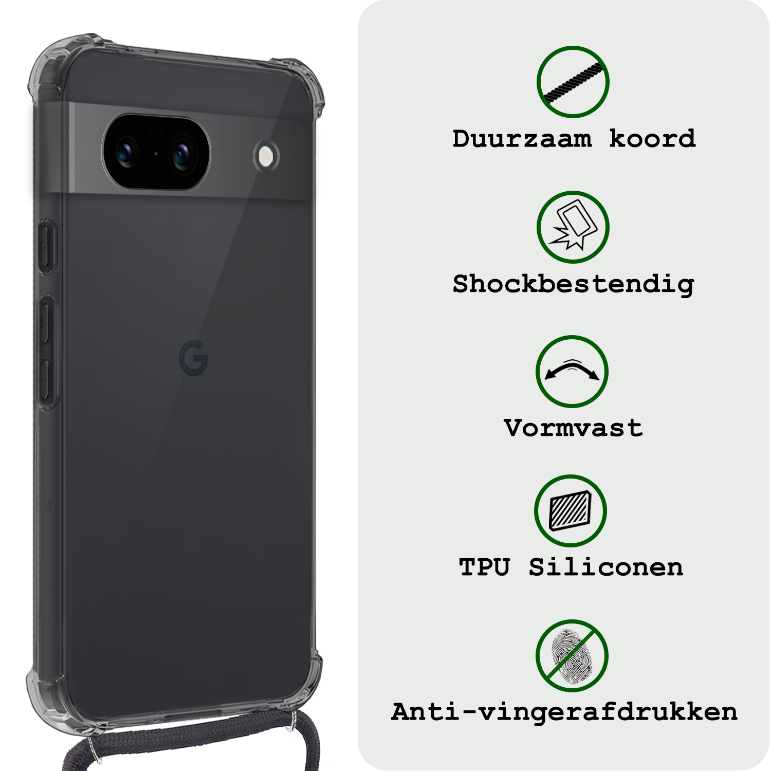 BASEY. Hoes Geschikt voor Google Pixel 8a Hoesje Shock Proof Case Met Koord Shock Hoes Met Koord - Hoesje Geschikt voor Google Pixel 8a Hoes Cover Met Koord - Transparant