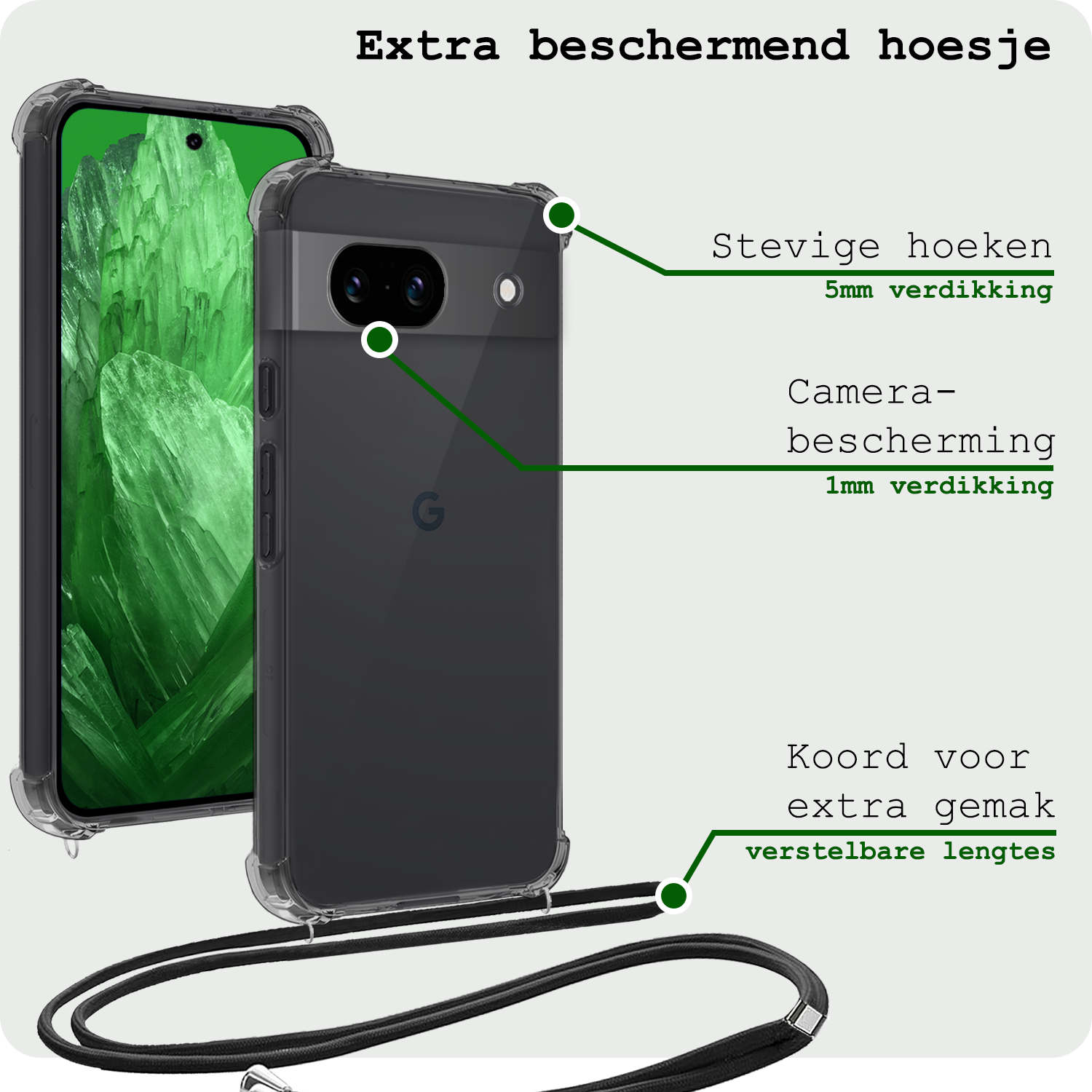 BASEY. Hoes Geschikt voor Google Pixel 8a Hoesje Shock Proof Case Met Koord Shock Hoes Met Koord - Hoesje Geschikt voor Google Pixel 8a Hoes Cover Met Koord - Transparant