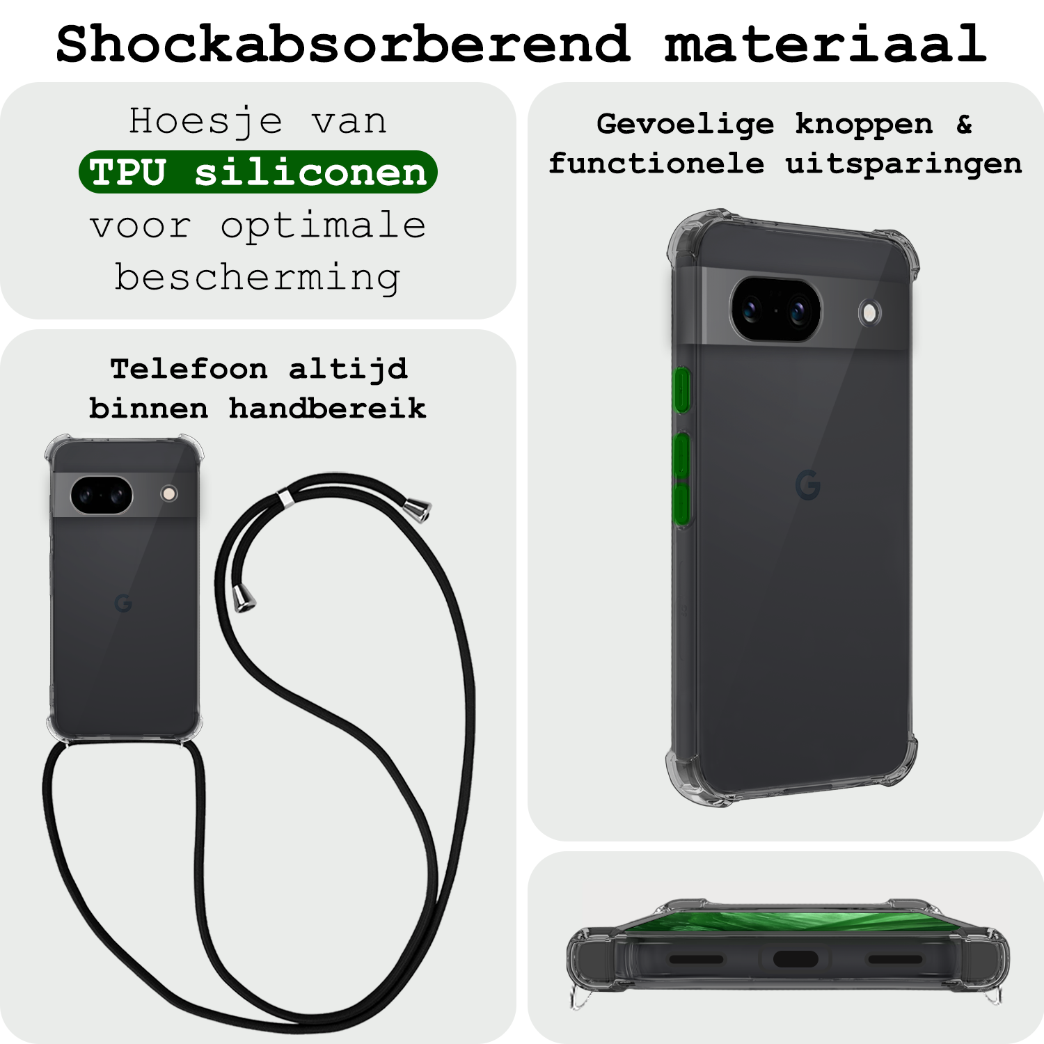 BASEY. Hoes Geschikt voor Google Pixel 8a Hoesje Shock Proof Case Met Koord Shock Hoes Met Koord - Hoesje Geschikt voor Google Pixel 8a Hoes Cover Met Koord - Transparant