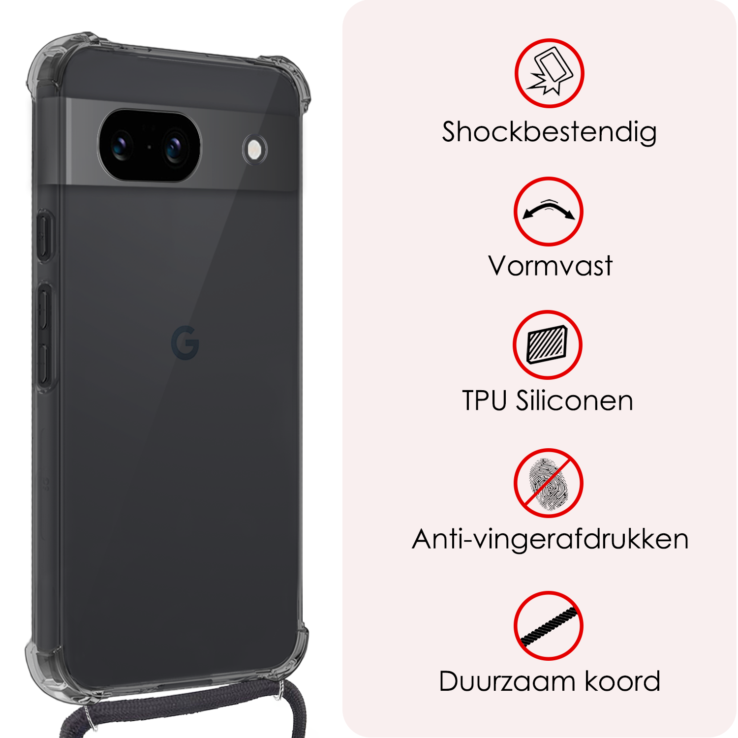 NoXx Hoes Geschikt voor Google Pixel 8a Hoesje Transparant Met Telefoonkoord Cover Shock Proof Case Koord Hoes