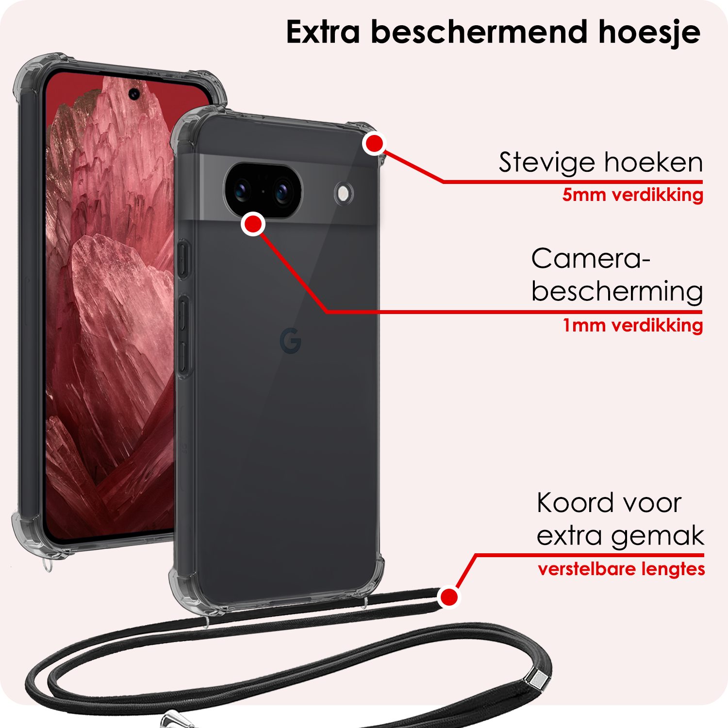 NoXx Hoes Geschikt voor Google Pixel 8a Hoesje Transparant Met Telefoonkoord Cover Shock Proof Case Koord Hoes