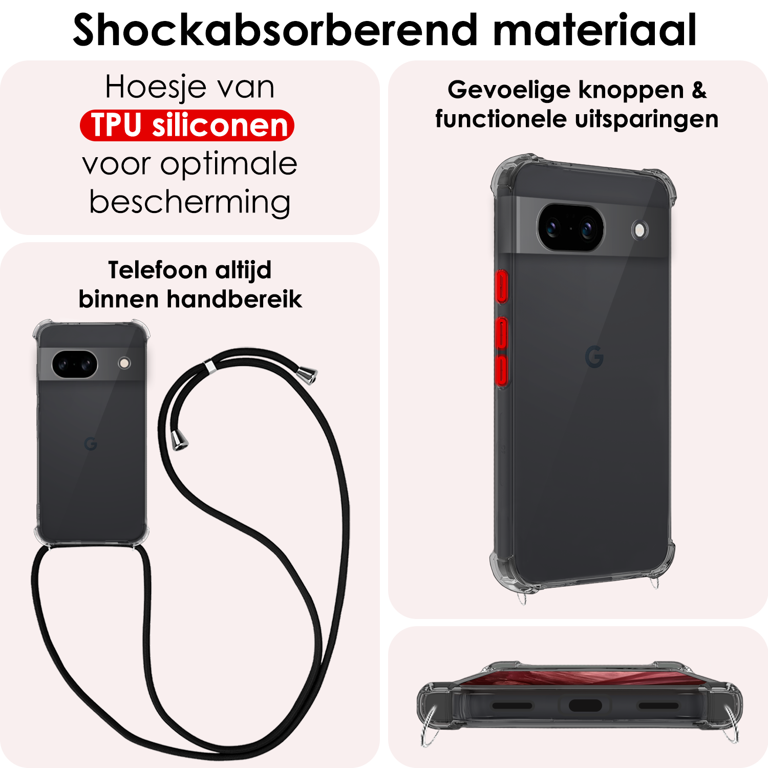 NoXx Hoes Geschikt voor Google Pixel 8a Hoesje Transparant Met Telefoonkoord Cover Shock Proof Case Koord Hoes