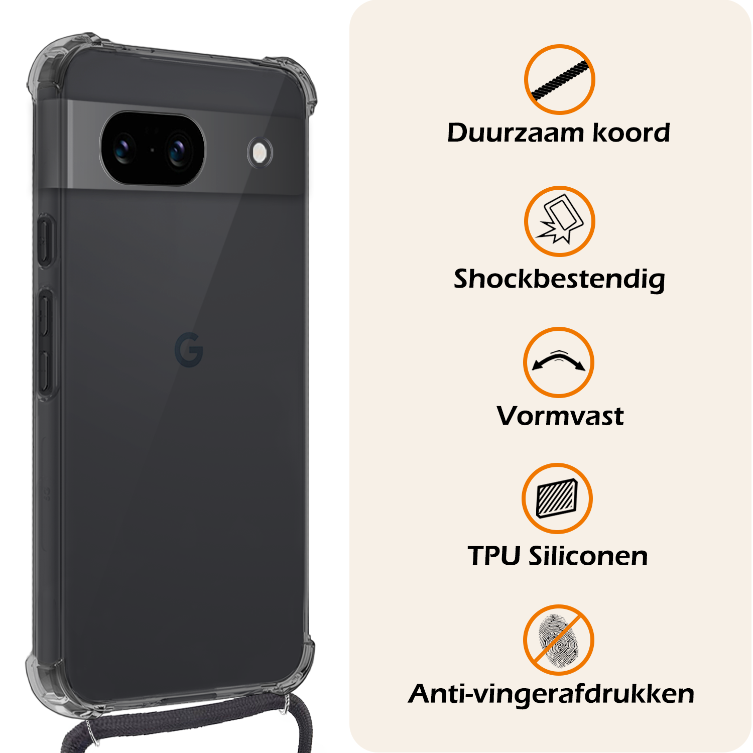 Nomfy Hoesje Geschikt voor Google Pixel 8a Hoesje Shock Proof Transparant Met Telefoonketting Case Shock Koord - Hoesje Geschikt voor Google Pixel 8a Shock Proof Case Met Koord - Transparant