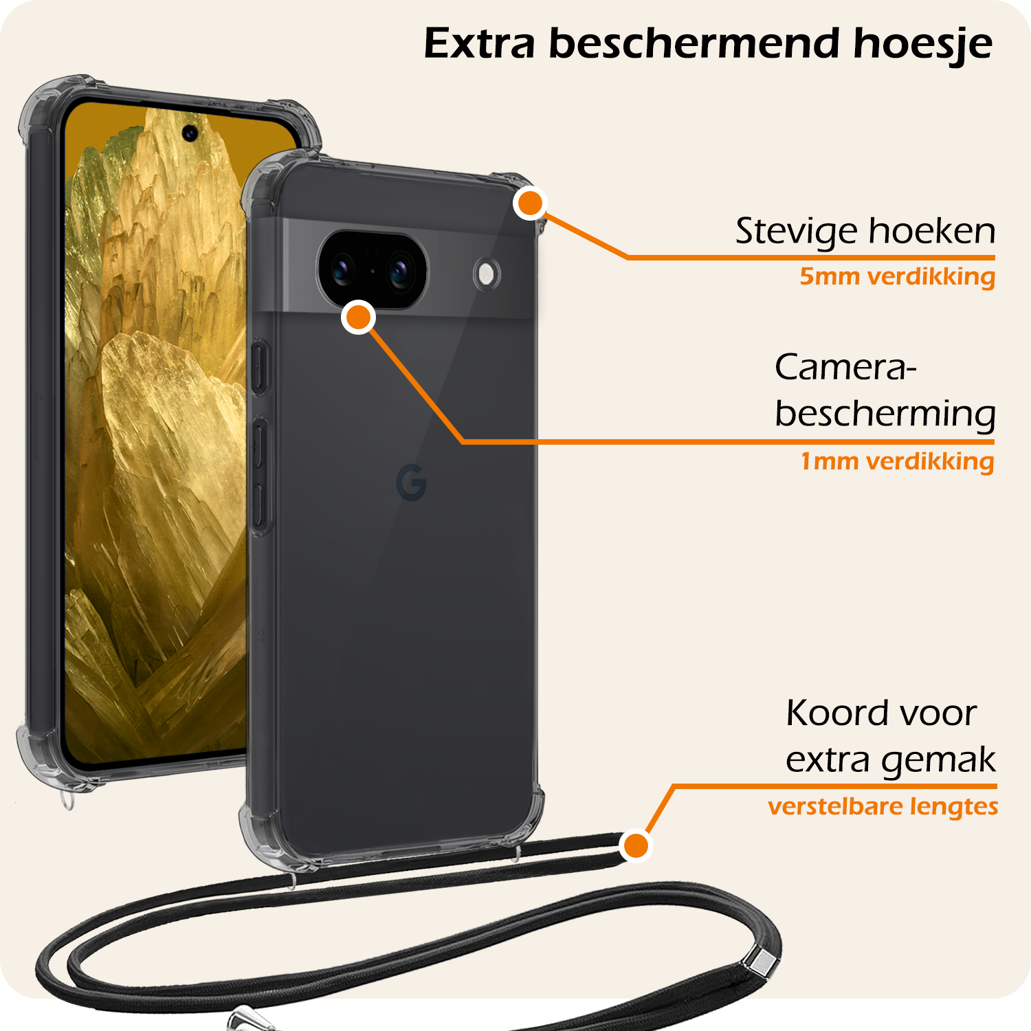 Nomfy Hoesje Geschikt voor Google Pixel 8a Hoesje Shock Proof Transparant Met Telefoonketting Case Shock Koord - Hoesje Geschikt voor Google Pixel 8a Shock Proof Case Met Koord - Transparant