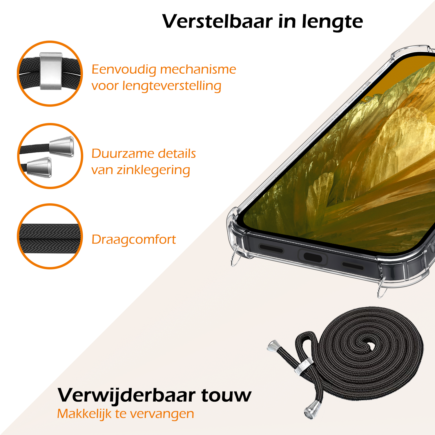 Nomfy Hoesje Geschikt voor Google Pixel 8a Hoesje Shock Proof Transparant Met Telefoonketting Case Shock Koord - Hoesje Geschikt voor Google Pixel 8a Shock Proof Case Met Koord - Transparant