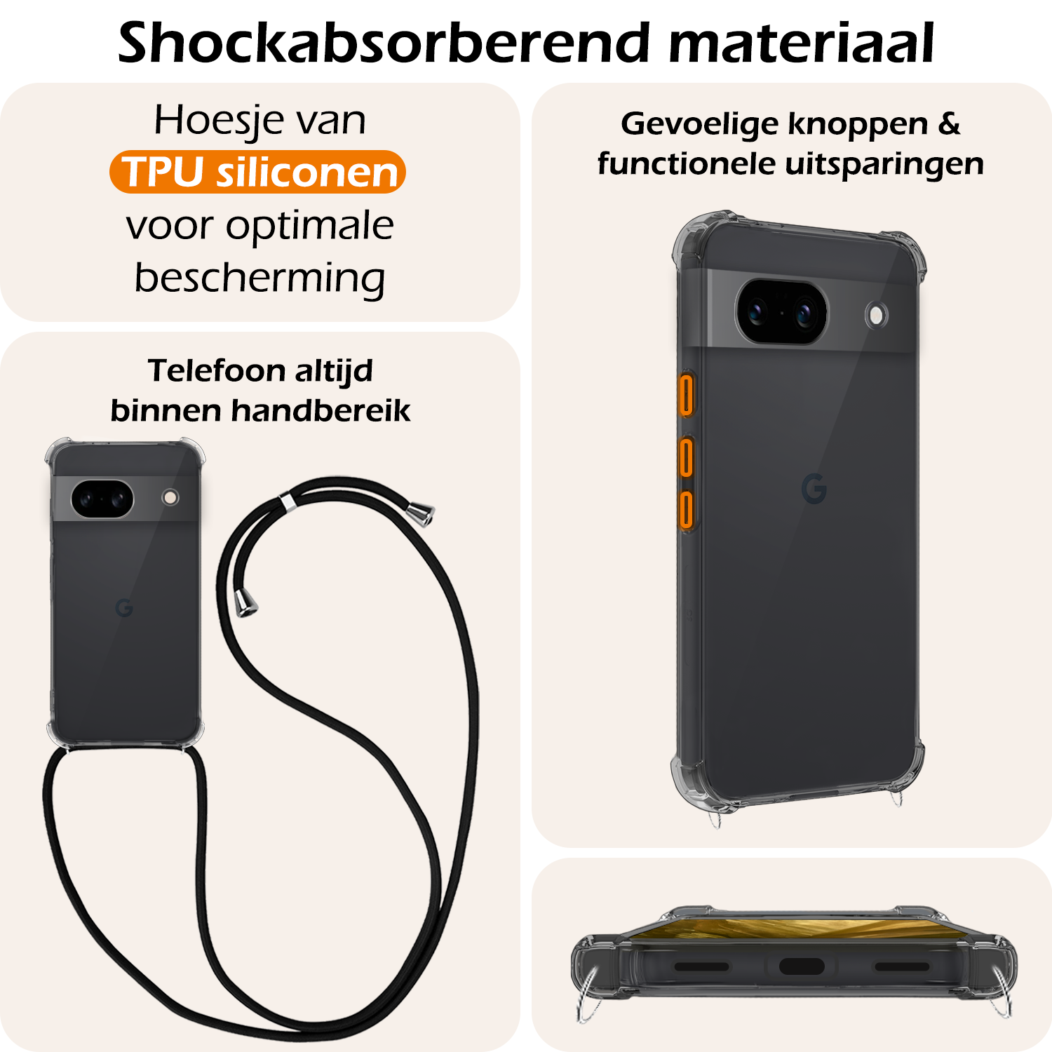 Nomfy Hoesje Geschikt voor Google Pixel 8a Hoesje Shock Proof Transparant Met Telefoonketting Case Shock Koord - Hoesje Geschikt voor Google Pixel 8a Shock Proof Case Met Koord - Transparant