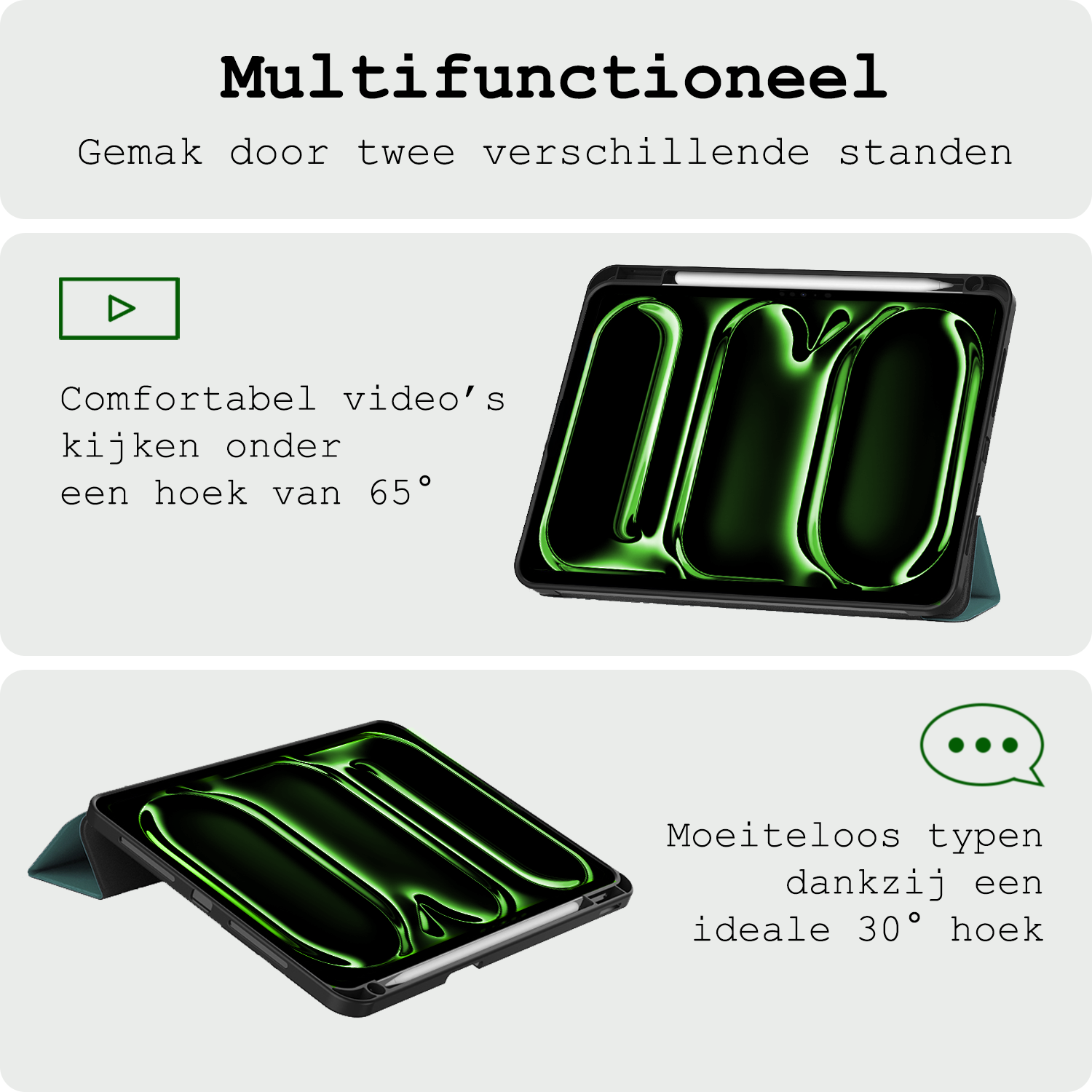 BASEY. Hoesje Geschikt voor iPad Pro 2024 (13 inch) Hoes Case Tablet Hoesje Tri-fold Met Uitsparing Geschikt voor Apple Pencil Met Screenprotector - Hoes Geschikt voor iPad Pro 2024 13 inch (7e generatie) Hoesje Hard Cover Bookcase Hoes - Donkergroen