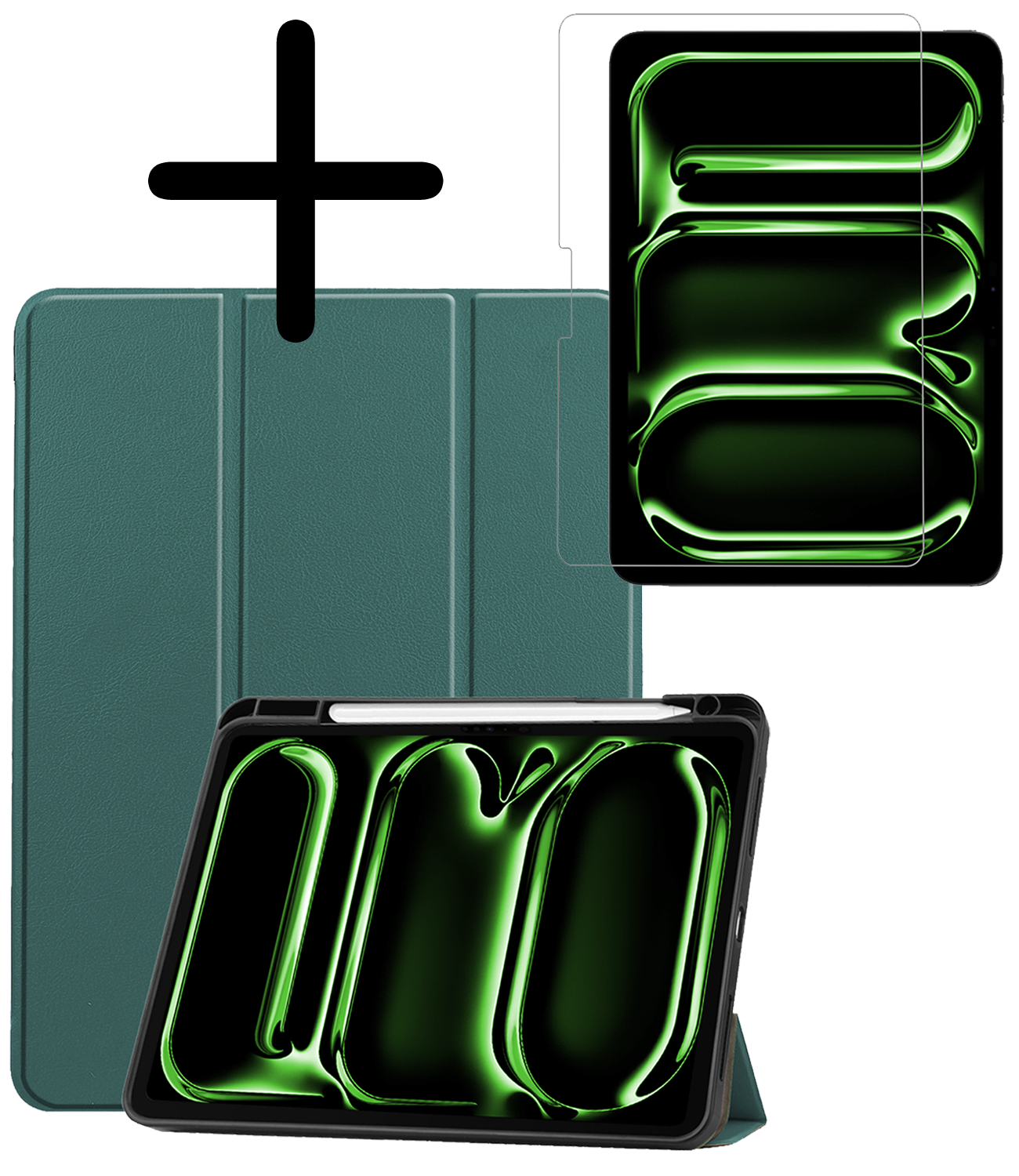 BASEY. Hoesje Geschikt voor iPad Pro 2024 (11 inch) Hoes Case Tablet Hoesje Tri-fold Met Uitsparing Geschikt voor Apple Pencil Met Screenprotector - Hoes Geschikt voor iPad Pro 2024 11 inch (7e generatie) Hoesje Hard Cover Bookcase Hoes - Donkergroen