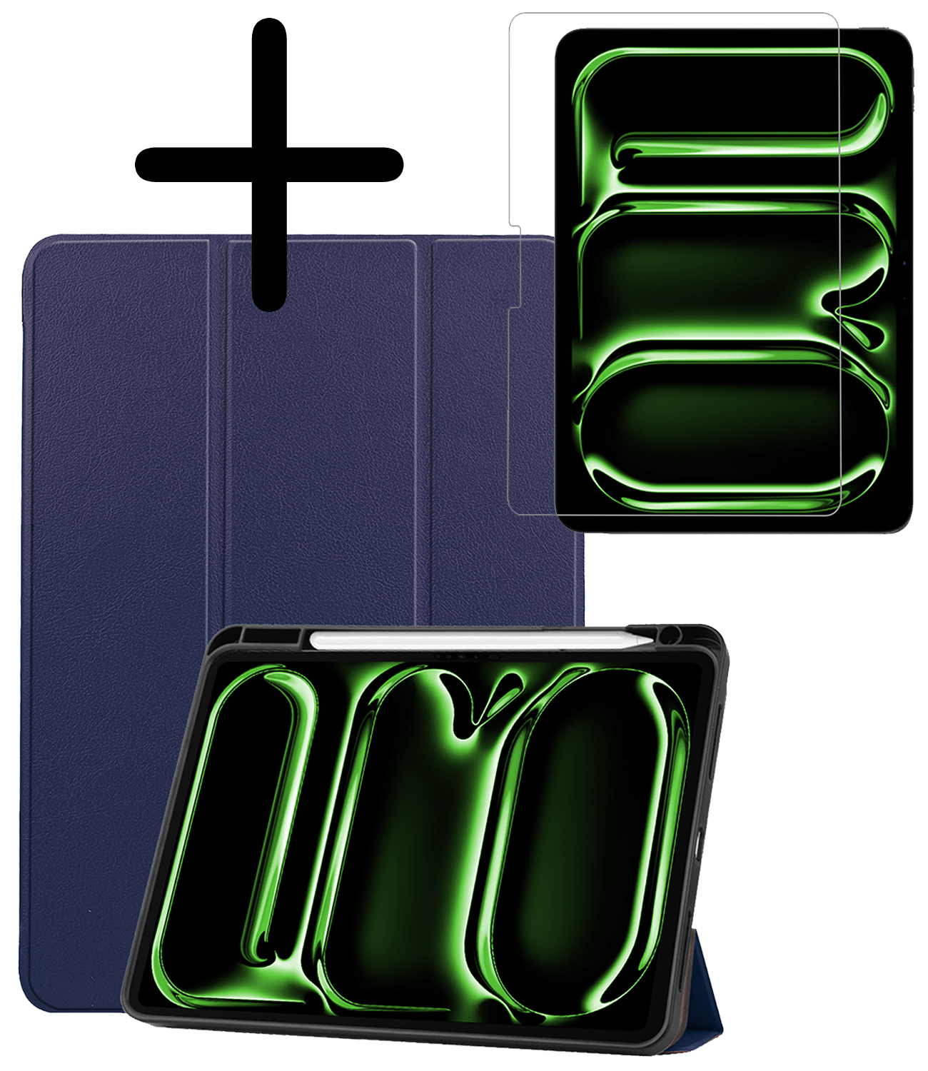 BASEY. Hoesje Geschikt voor iPad Pro 2024 (11 inch) Hoes Case Tablet Hoesje Tri-fold Met Uitsparing Geschikt voor Apple Pencil Met Screenprotector - Hoes Geschikt voor iPad Pro 2024 11 inch (7e generatie) Hoesje Hard Cover Bookcase Hoes - Donkerblauw