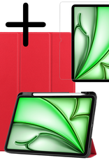 BASEY. Hoesje Geschikt voor iPad Air 6 (13 inch) Hoes Case Tablet Hoesje Tri-fold Met Uitsparing Geschikt voor Apple Pencil Met Screenprotector - Hoes Geschikt voor iPad Air 2024 (13 inch) Hoesje Hard Cover Bookcase Hoes - Rood