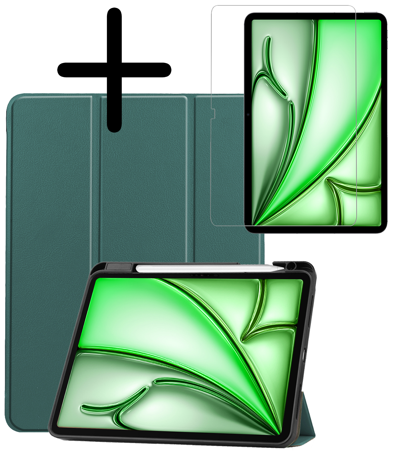 BASEY. Hoesje Geschikt voor iPad Air 6 (13 inch) Hoes Case Tablet Hoesje Tri-fold Met Uitsparing Geschikt voor Apple Pencil Met Screenprotector - Hoes Geschikt voor iPad Air 2024 (13 inch) Hoesje Hard Cover Bookcase Hoes - Donkergroen