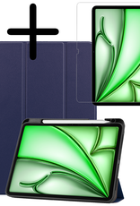 BASEY. Hoesje Geschikt voor iPad Air 6 (13 inch) Hoes Case Tablet Hoesje Tri-fold Met Uitsparing Geschikt voor Apple Pencil Met Screenprotector - Hoes Geschikt voor iPad Air 2024 (13 inch) Hoesje Hard Cover Bookcase Hoes - Donkerblauw