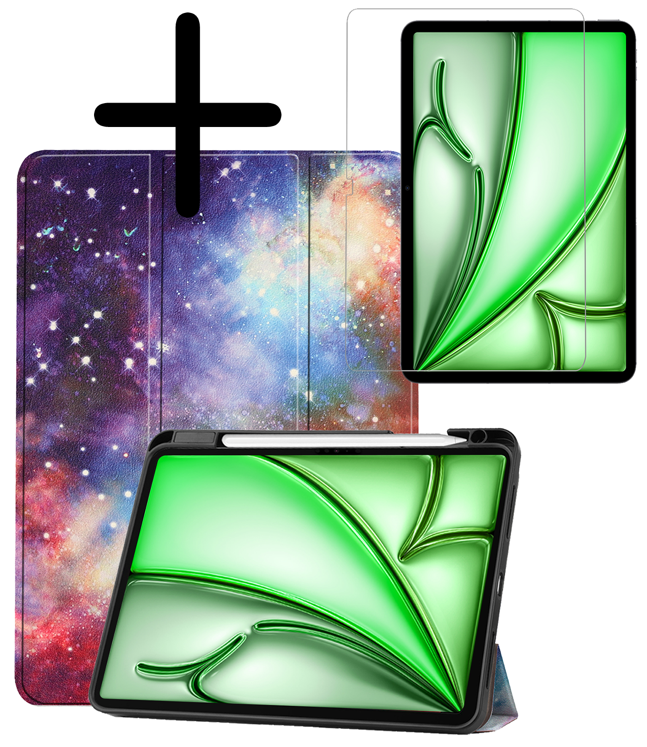 BASEY. Hoesje Geschikt voor iPad Air 6 (11 inch) Hoes Case Tablet Hoesje Tri-fold Met Uitsparing Geschikt voor Apple Pencil Met Screenprotector - Hoes Geschikt voor iPad Air 2024 (11 inch) Hoesje Hard Cover Bookcase Hoes - Galaxy