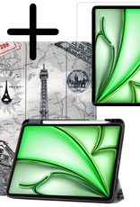 BASEY. Hoesje Geschikt voor iPad Air 6 (11 inch) Hoes Case Tablet Hoesje Tri-fold Met Uitsparing Geschikt voor Apple Pencil Met Screenprotector - Hoes Geschikt voor iPad Air 2024 (11 inch) Hoesje Hard Cover Bookcase Hoes - Eiffeltoren