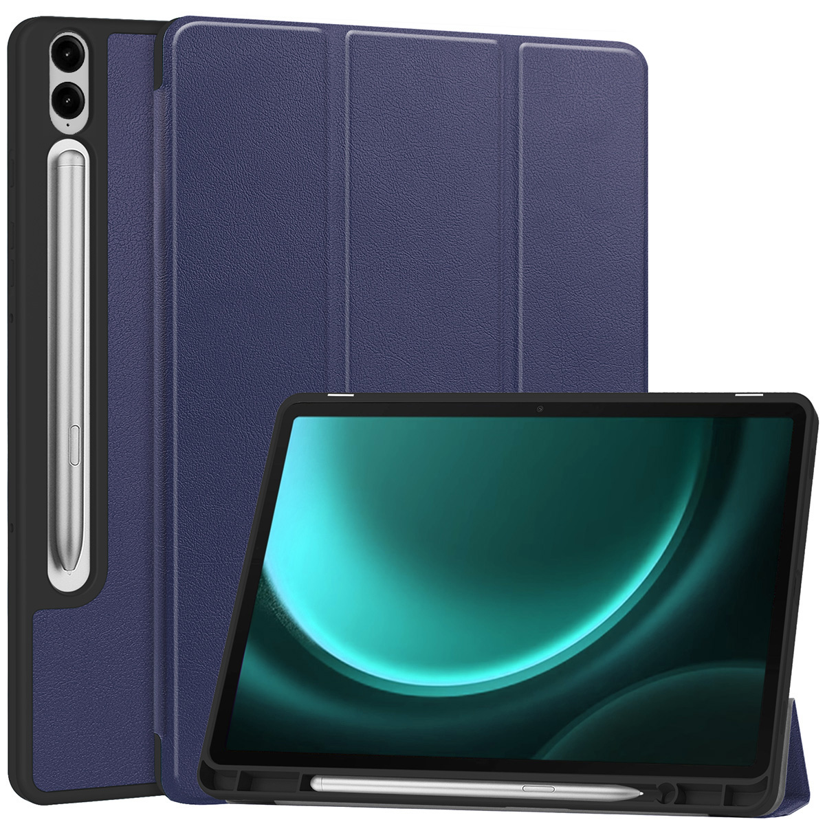 BASEY. Hoesje Geschikt voor Samsung Galaxy Tab S9 FE Plus Hoes Case Tablet Hoesje Tri-fold Met Uitsparing Geschikt voor S Pen - Hoes Geschikt voor Samsung Tab S9 FE Plus Hoesje Hard Cover Bookcase Hoes - Donkerblauw