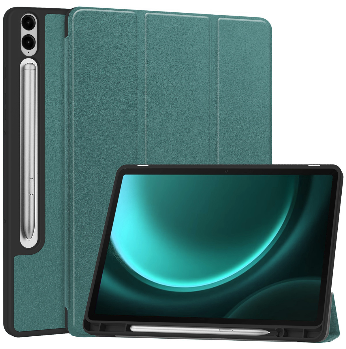 BASEY. Hoesje Geschikt voor Samsung Galaxy Tab S9 FE Plus Hoes Case Tablet Hoesje Tri-fold Met Uitsparing Geschikt voor S Pen - Hoes Geschikt voor Samsung Tab S9 FE Plus Hoesje Hard Cover Bookcase Hoes - Donkergroen