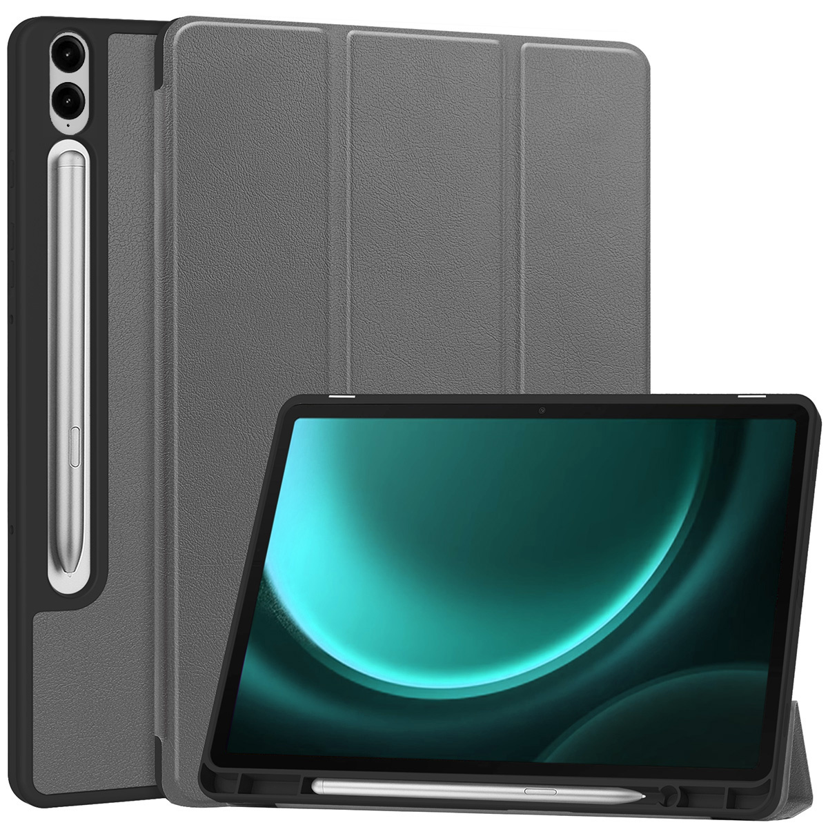 BASEY. Hoesje Geschikt voor Samsung Galaxy Tab S9 FE Plus Hoes Case Tablet Hoesje Tri-fold Met Uitsparing Geschikt voor S Pen - Hoes Geschikt voor Samsung Tab S9 FE Plus Hoesje Hard Cover Bookcase Hoes - Grijs