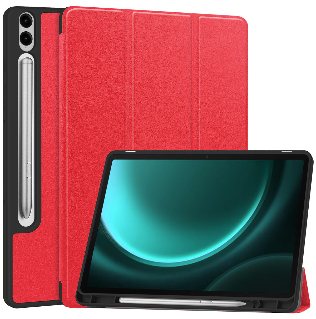 BASEY. Hoesje Geschikt voor Samsung Galaxy Tab S9 FE Plus Hoes Case Tablet Hoesje Tri-fold Met Uitsparing Geschikt voor S Pen - Hoes Geschikt voor Samsung Tab S9 FE Plus Hoesje Hard Cover Bookcase Hoes - Rood