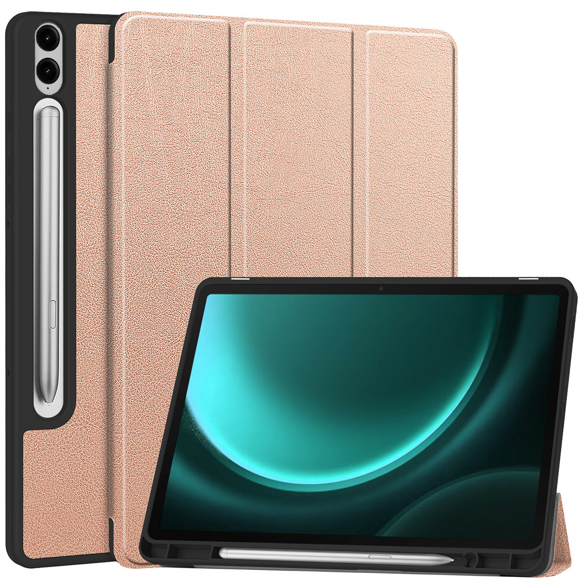 BASEY. Hoesje Geschikt voor Samsung Galaxy Tab S9 FE Plus Hoes Case Tablet Hoesje Tri-fold Met Uitsparing Geschikt voor S Pen - Hoes Geschikt voor Samsung Tab S9 FE Plus Hoesje Hard Cover Bookcase Hoes - Rosé Goud