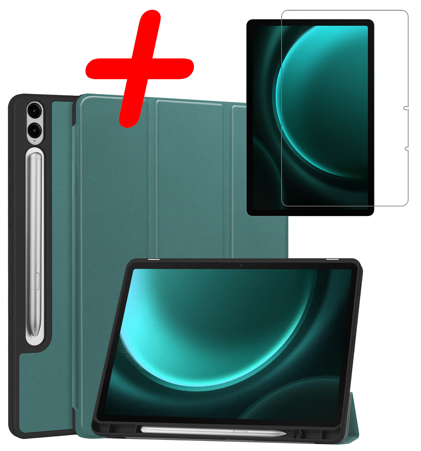 BASEY. Hoesje Geschikt voor Samsung Galaxy Tab S9 FE Plus Hoes Case Tablet Hoesje Tri-fold Met Uitsparing Geschikt voor S Pen Met Screenprotector - Hoes Geschikt voor Samsung Tab S9 FE Plus Hoesje Hard Cover Bookcase Hoes - Donkergroen