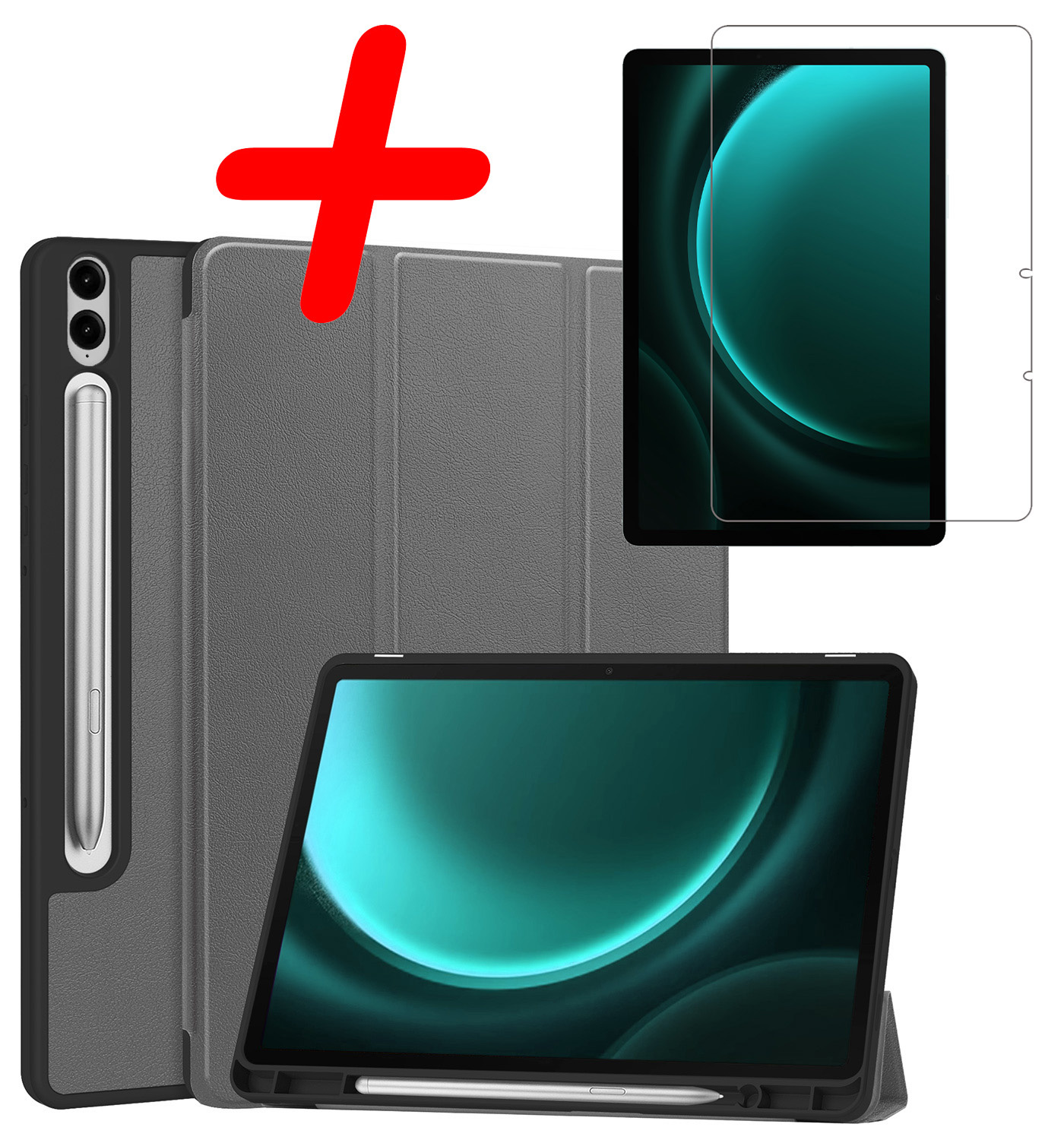 BASEY. Hoesje Geschikt voor Samsung Galaxy Tab S9 FE Plus Hoes Case Tablet Hoesje Tri-fold Met Uitsparing Geschikt voor S Pen Met Screenprotector - Hoes Geschikt voor Samsung Tab S9 FE Plus Hoesje Hard Cover Bookcase Hoes - Grijs