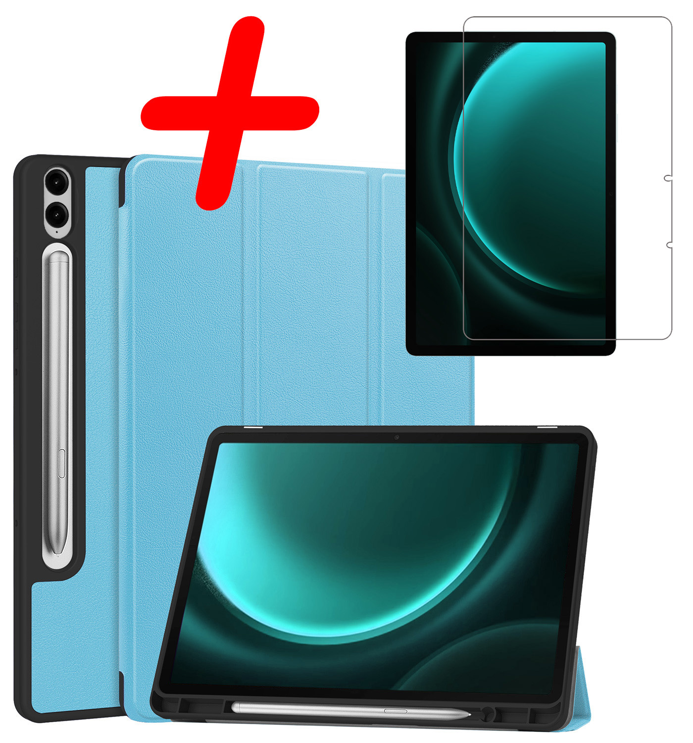 BASEY. Hoesje Geschikt voor Samsung Galaxy Tab S9 FE Plus Hoes Case Tablet Hoesje Tri-fold Met Uitsparing Geschikt voor S Pen Met Screenprotector - Hoes Geschikt voor Samsung Tab S9 FE Plus Hoesje Hard Cover Bookcase Hoes - Lichtblauw