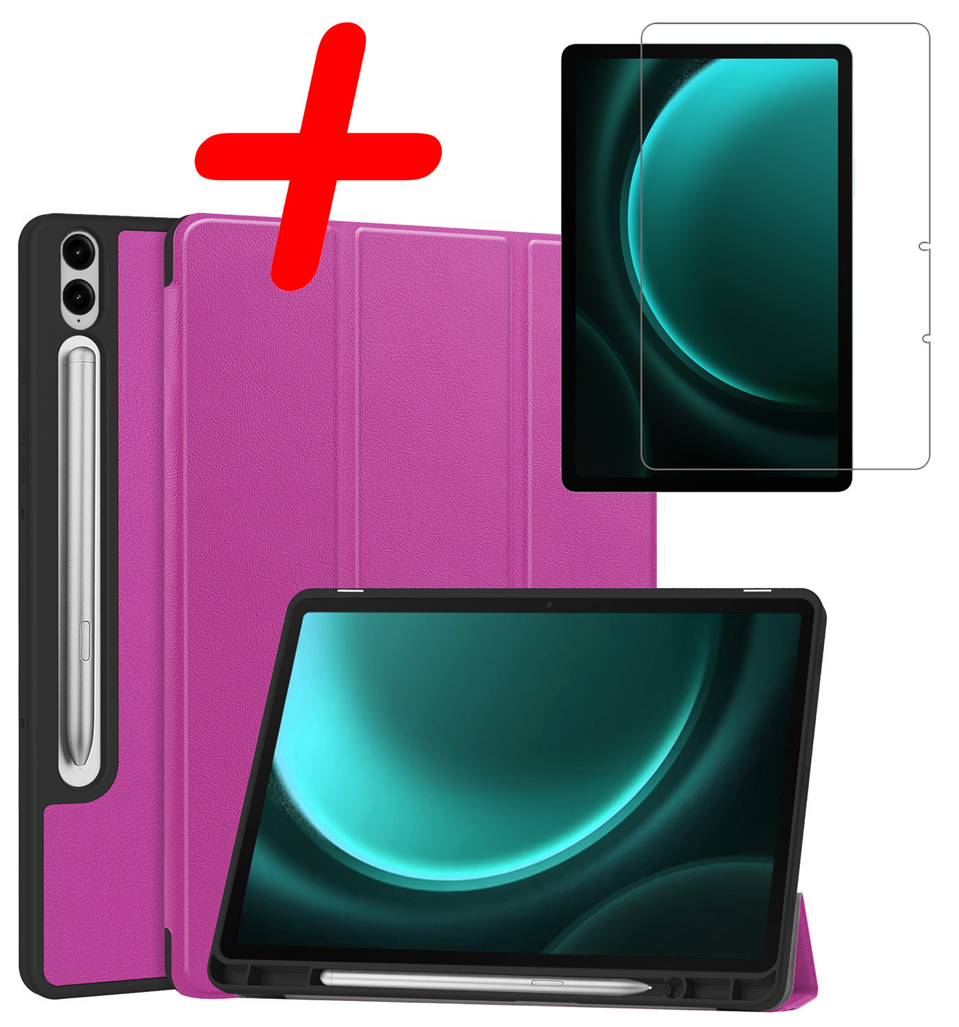 BASEY. Hoesje Geschikt voor Samsung Galaxy Tab S9 FE Plus Hoes Case Tablet Hoesje Tri-fold Met Uitsparing Geschikt voor S Pen Met Screenprotector - Hoes Geschikt voor Samsung Tab S9 FE Plus Hoesje Hard Cover Bookcase Hoes - Paars