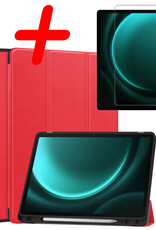 BASEY. Hoesje Geschikt voor Samsung Galaxy Tab S9 FE Plus Hoes Case Tablet Hoesje Tri-fold Met Uitsparing Geschikt voor S Pen Met Screenprotector - Hoes Geschikt voor Samsung Tab S9 FE Plus Hoesje Hard Cover Bookcase Hoes - Rood