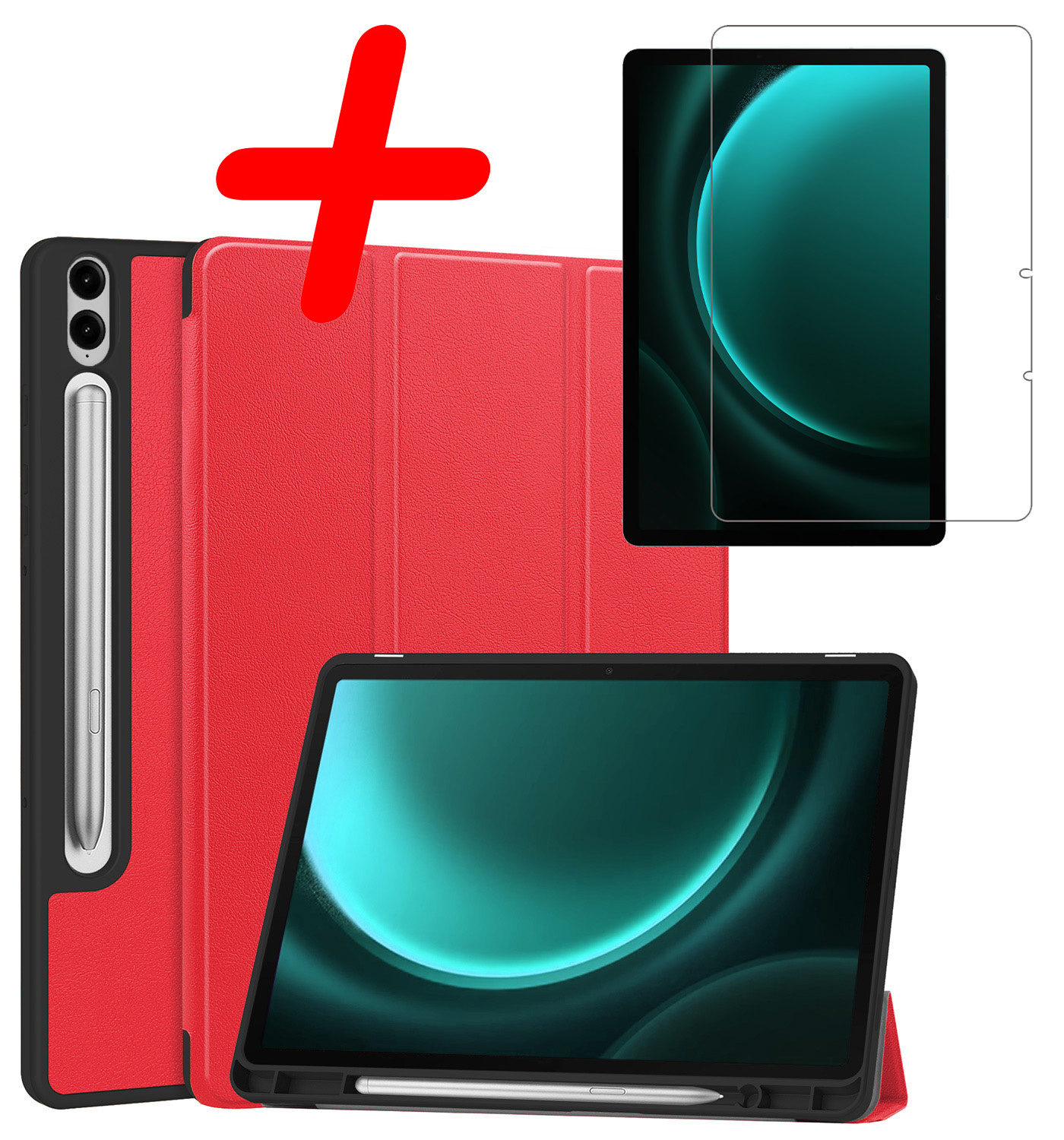 BASEY. Hoesje Geschikt voor Samsung Galaxy Tab S9 FE Plus Hoes Case Tablet Hoesje Tri-fold Met Uitsparing Geschikt voor S Pen Met Screenprotector - Hoes Geschikt voor Samsung Tab S9 FE Plus Hoesje Hard Cover Bookcase Hoes - Rood