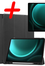 BASEY. Hoesje Geschikt voor Samsung Galaxy Tab S9 FE Plus Hoes Case Tablet Hoesje Tri-fold Met Uitsparing Geschikt voor S Pen Met Screenprotector - Hoes Geschikt voor Samsung Tab S9 FE Plus Hoesje Hard Cover Bookcase Hoes - Zwart