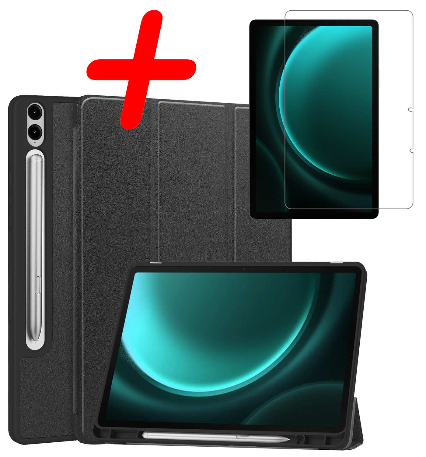 BASEY. Hoesje Geschikt voor Samsung Galaxy Tab S9 FE Plus Hoes Case Tablet Hoesje Tri-fold Met Uitsparing Geschikt voor S Pen Met Screenprotector - Hoes Geschikt voor Samsung Tab S9 FE Plus Hoesje Hard Cover Bookcase Hoes - Zwart